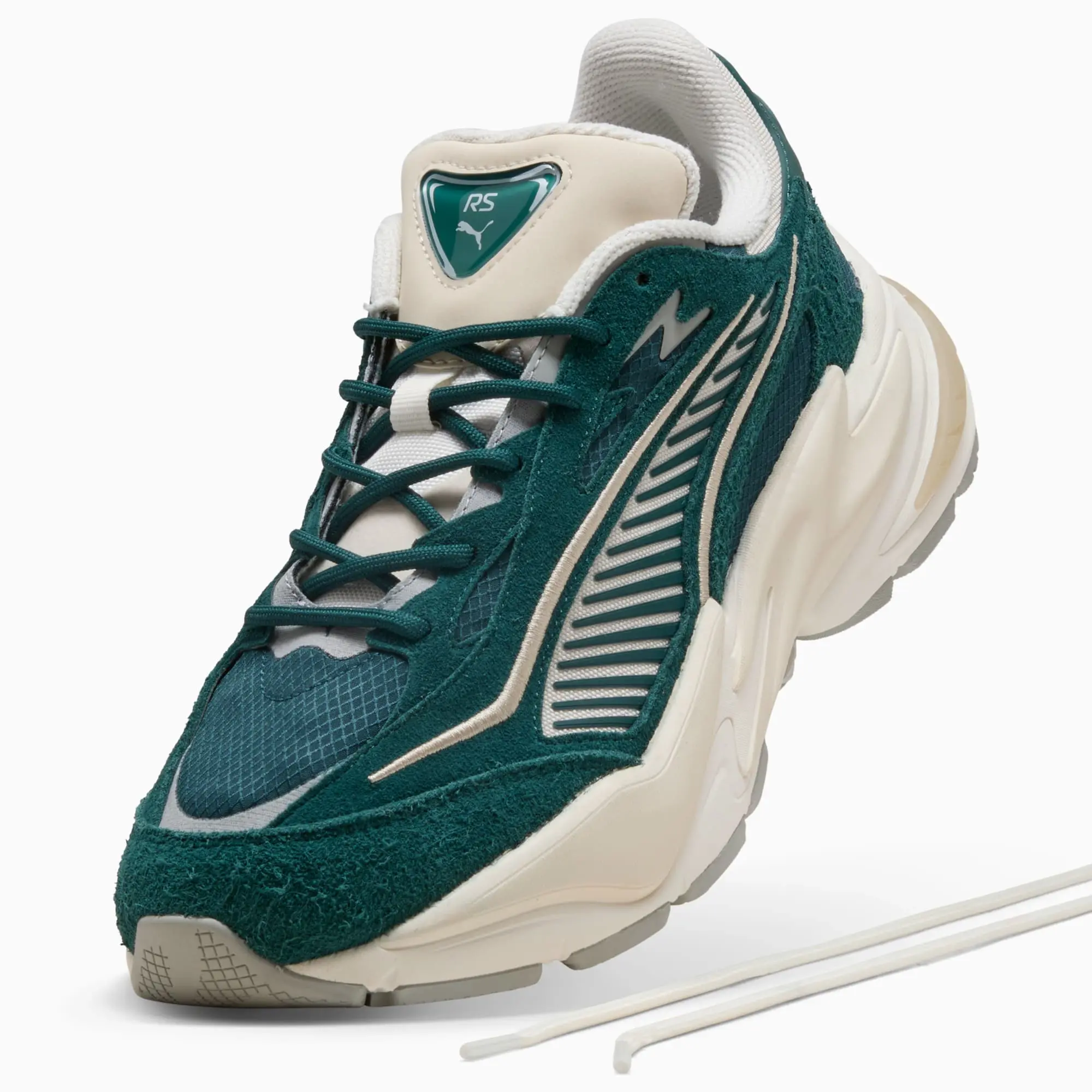 PUMA RS Surge Hairy Suede Sneakers Unisex, Green Terrain/Alpine Snow, size 10