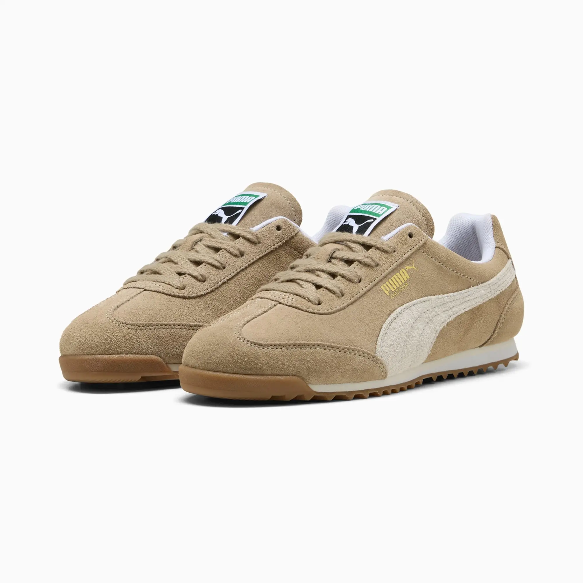 PUMA Arizona Suede Sneakers, Ice Coffee/Warm White/Gold, size 10