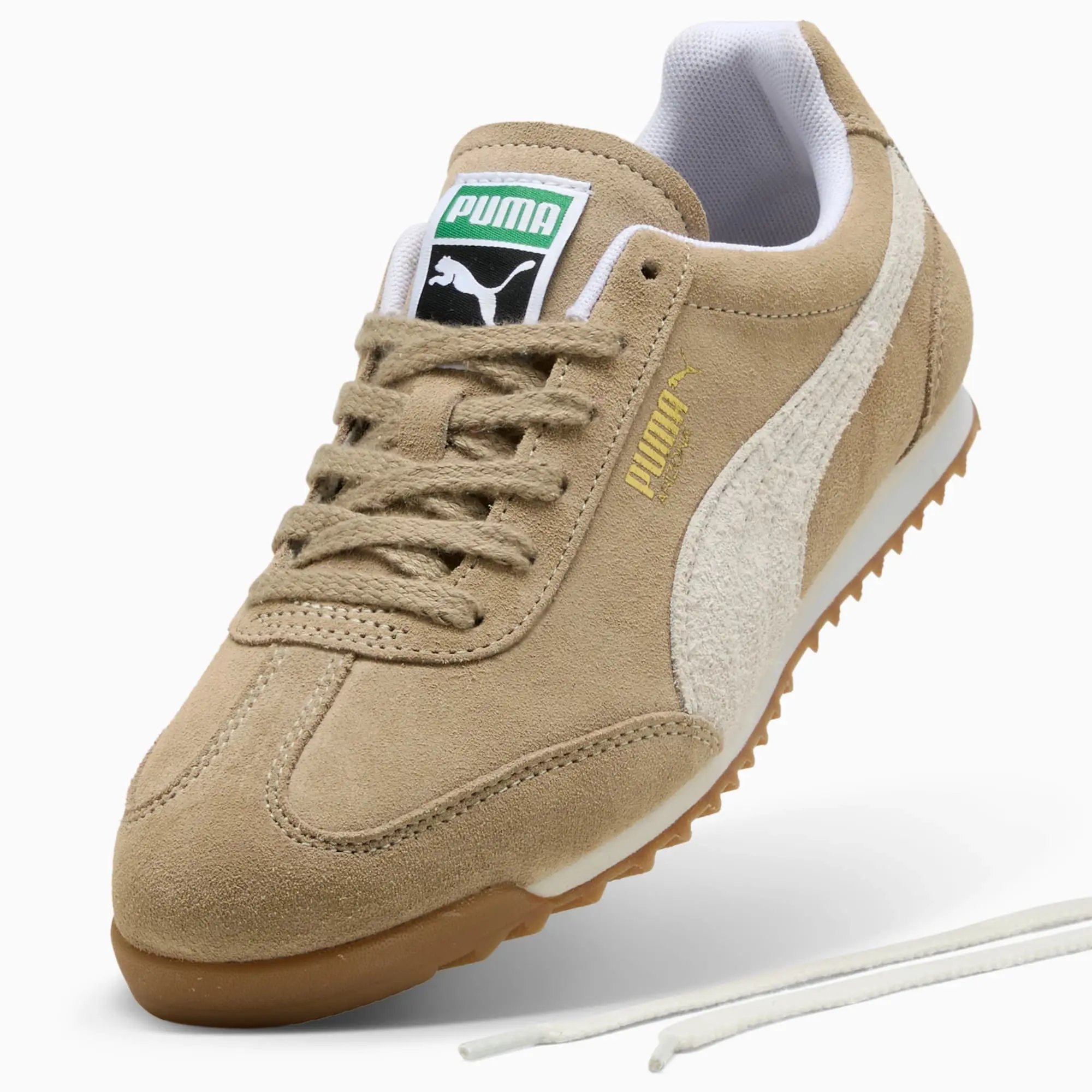 PUMA Arizona Suede Sneakers, Ice Coffee/Warm White/Gold, size 10