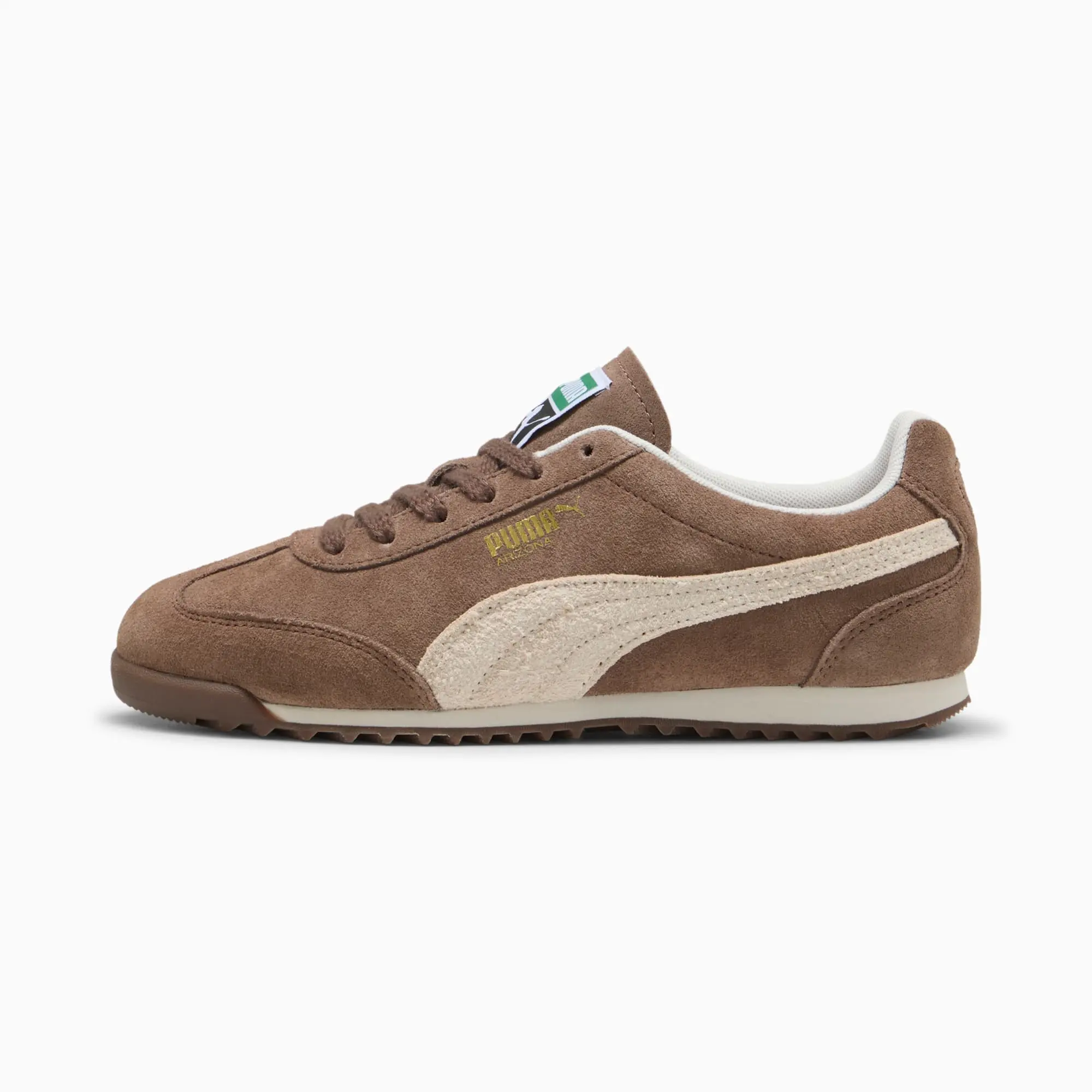 PUMA Arizona Suede Sneakers, Flat Bronze/Alpine Snow/Gold, size 10