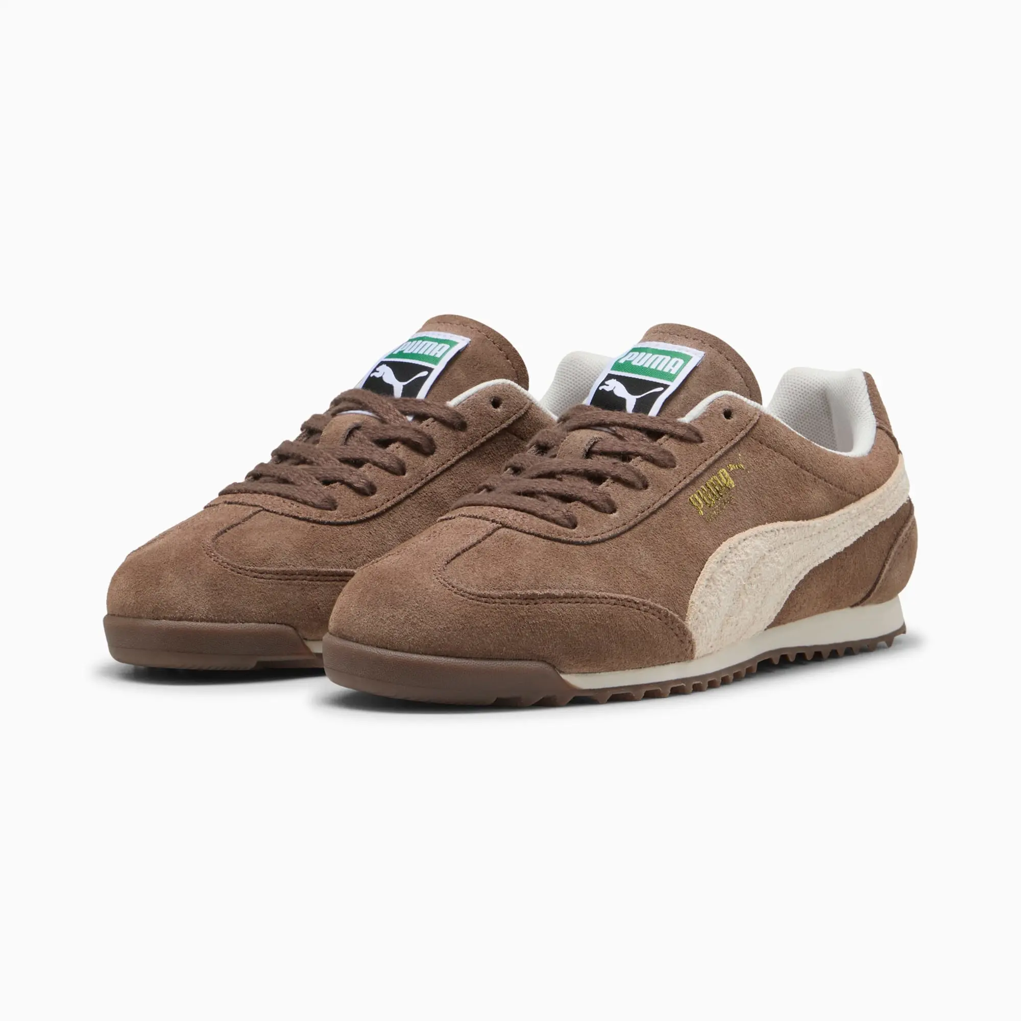 PUMA Arizona Suede Sneakers, Flat Bronze/Alpine Snow/Gold, size 10