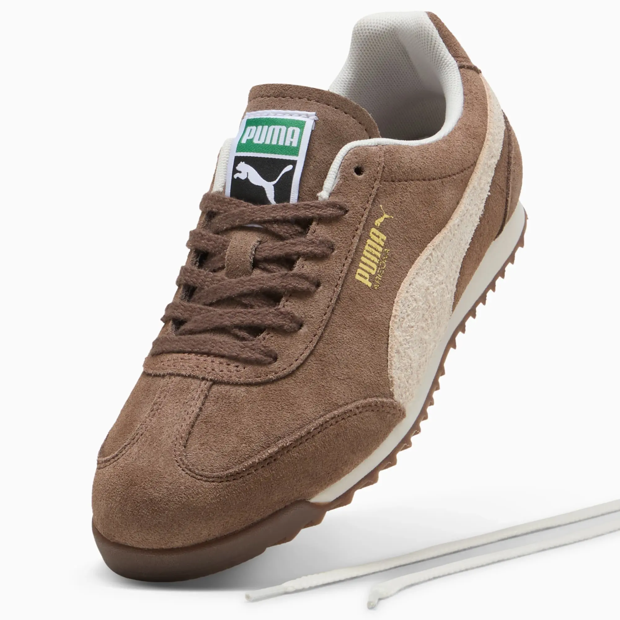 PUMA Arizona Suede Sneakers, Flat Bronze/Alpine Snow/Gold, size 10