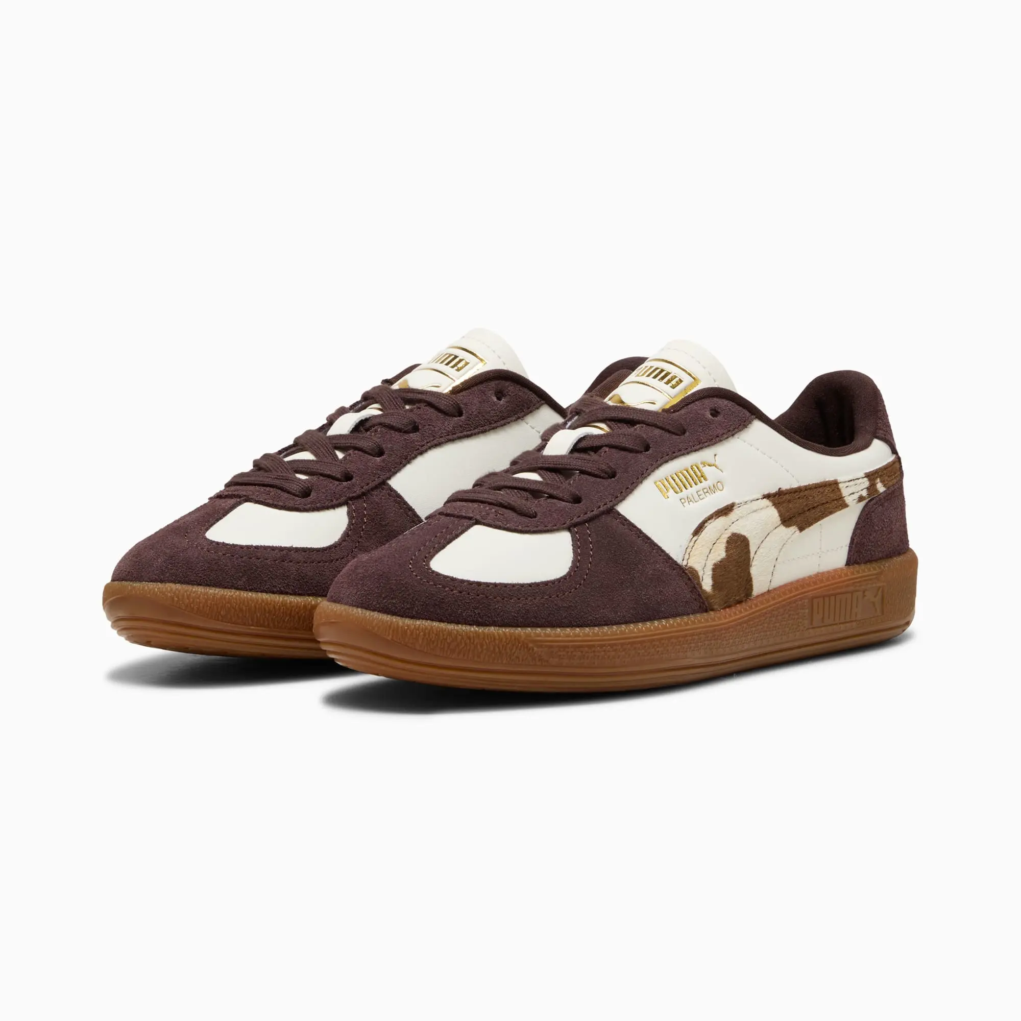 PUMA Palermo Cow Print Sneakers Women, Warm White/Chocolate Brown/Gum, size 3