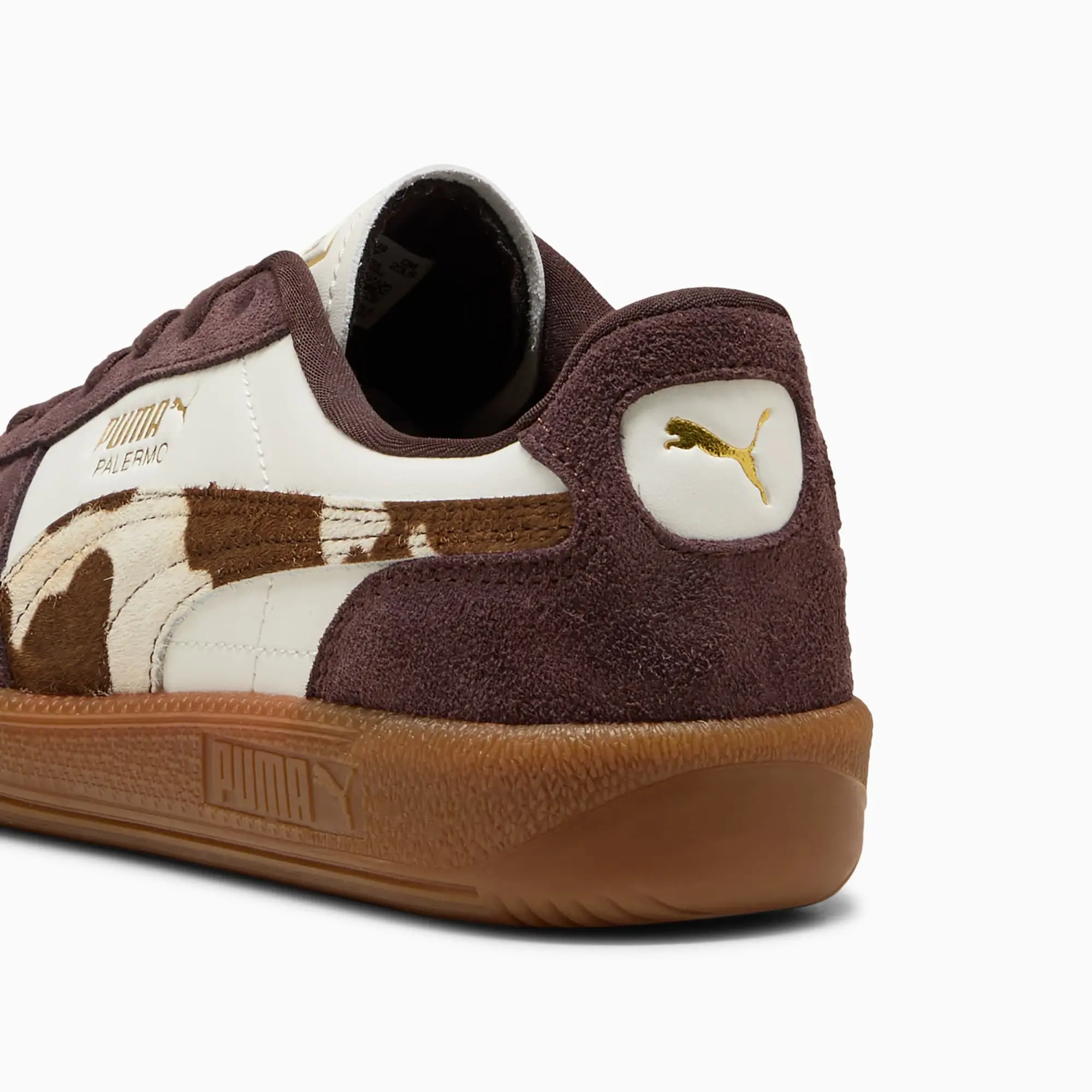 PUMA Palermo Cow Print Sneakers Women, Warm White/Chocolate Brown/Gum, size 3