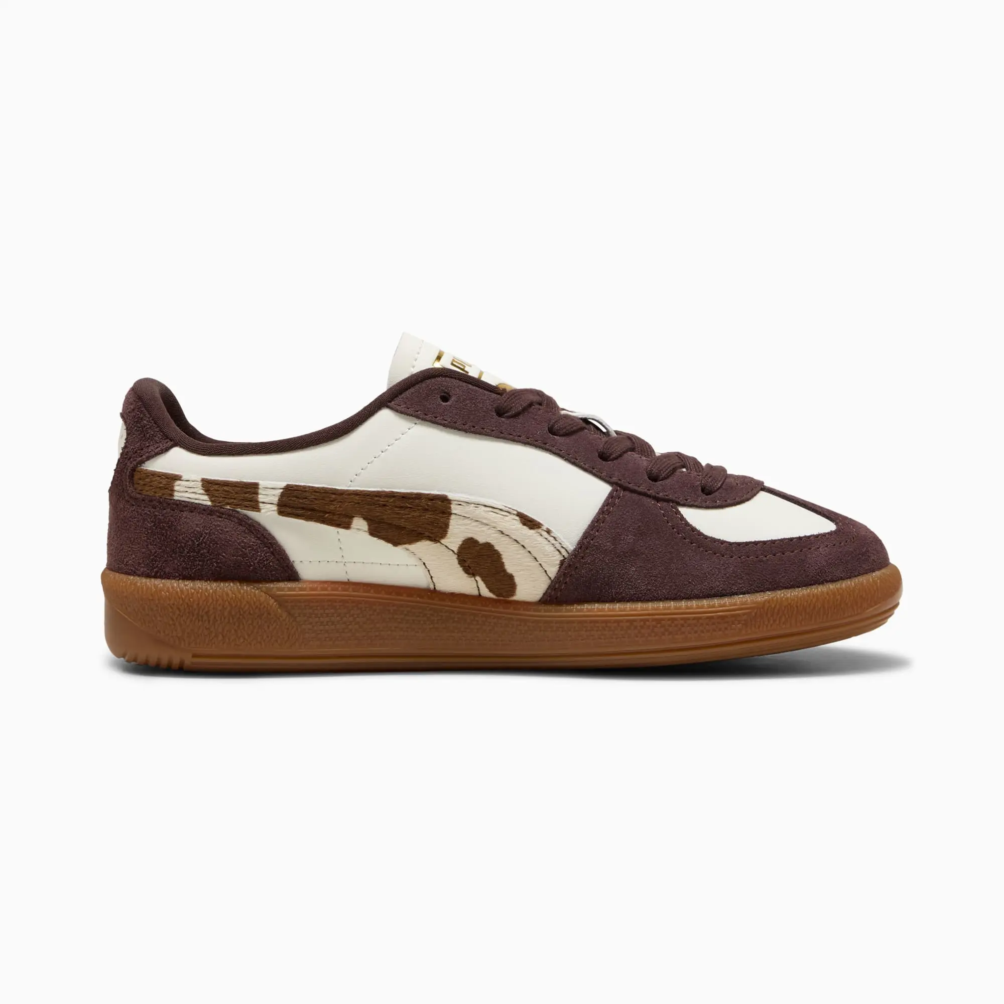 PUMA Palermo Cow Print Sneakers Women, Warm White/Chocolate Brown/Gum, size 3