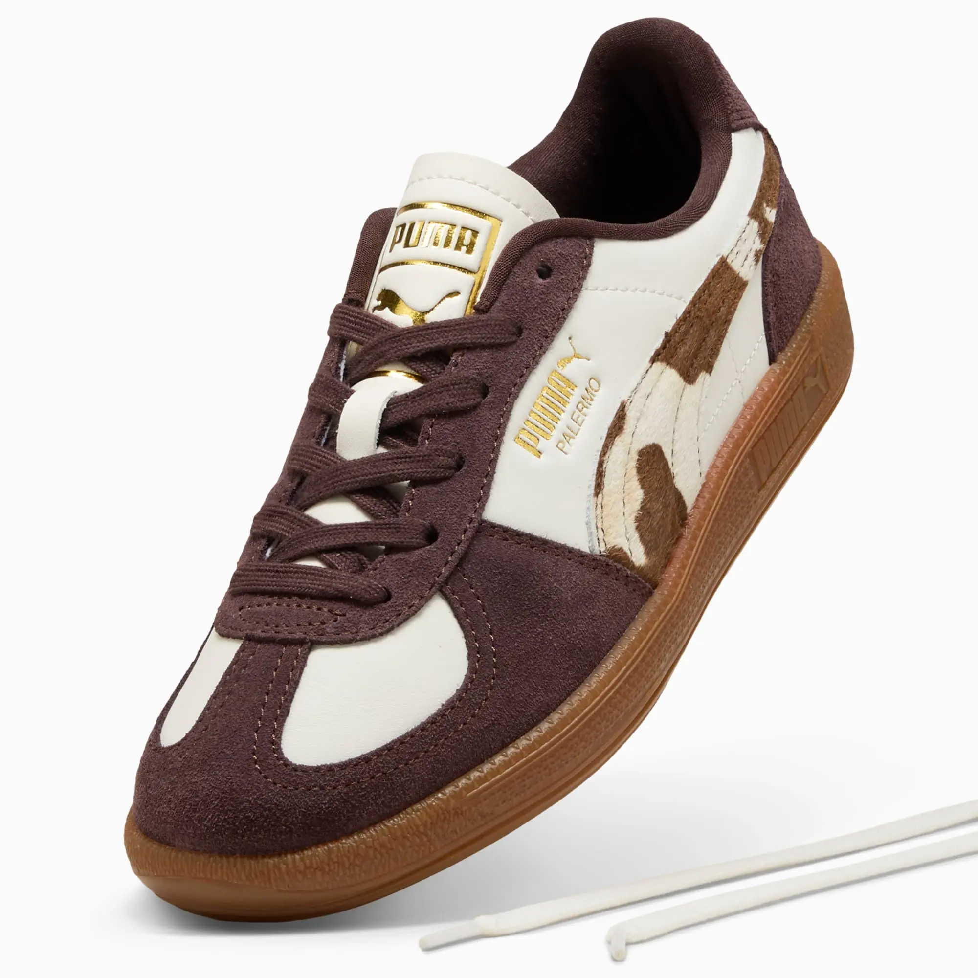 PUMA Palermo Cow Print Sneakers Women, Warm White/Chocolate Brown/Gum, size 3