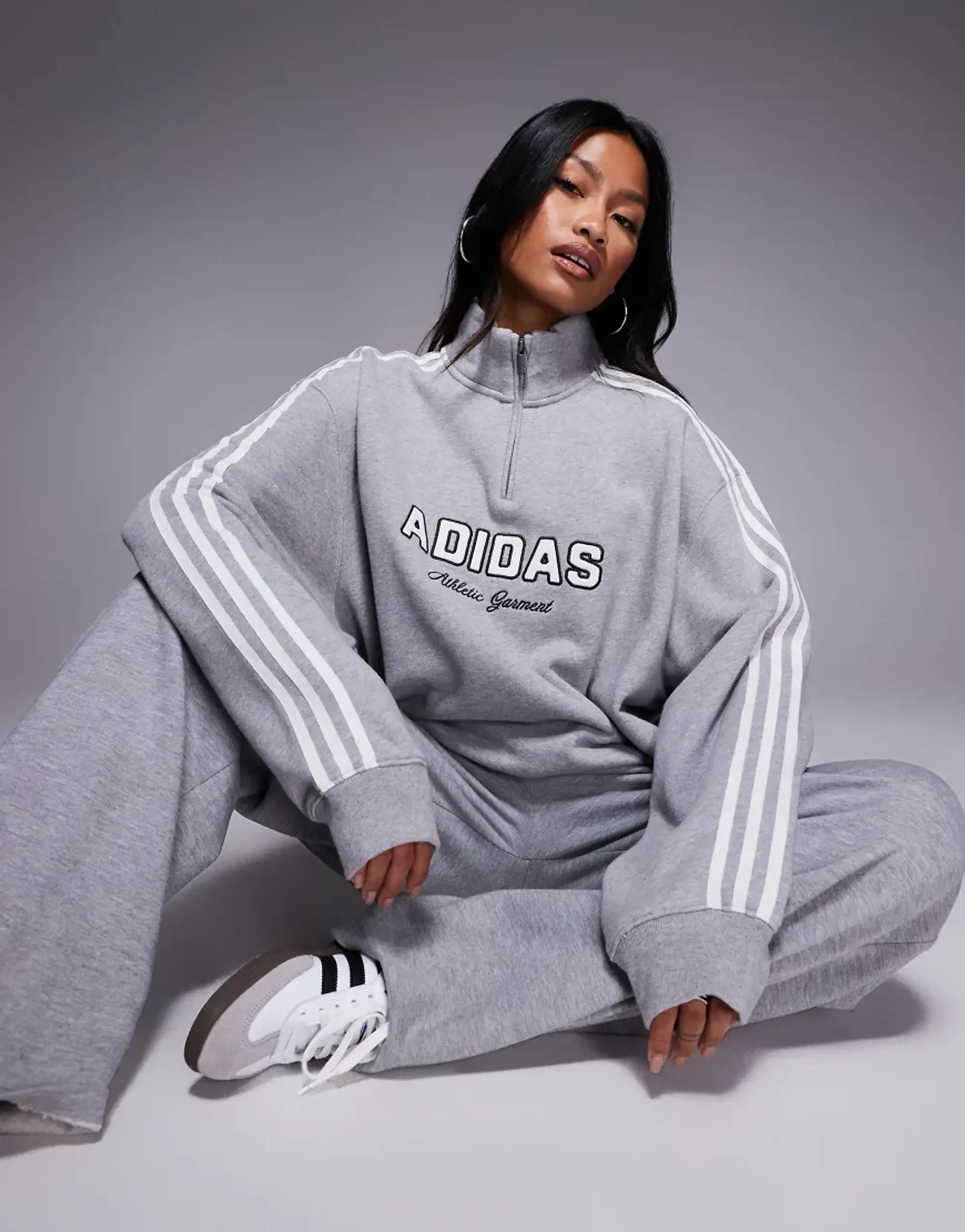 Adidas Originals 1/4 Zip Sweatshirt In Grey With Front Graphic