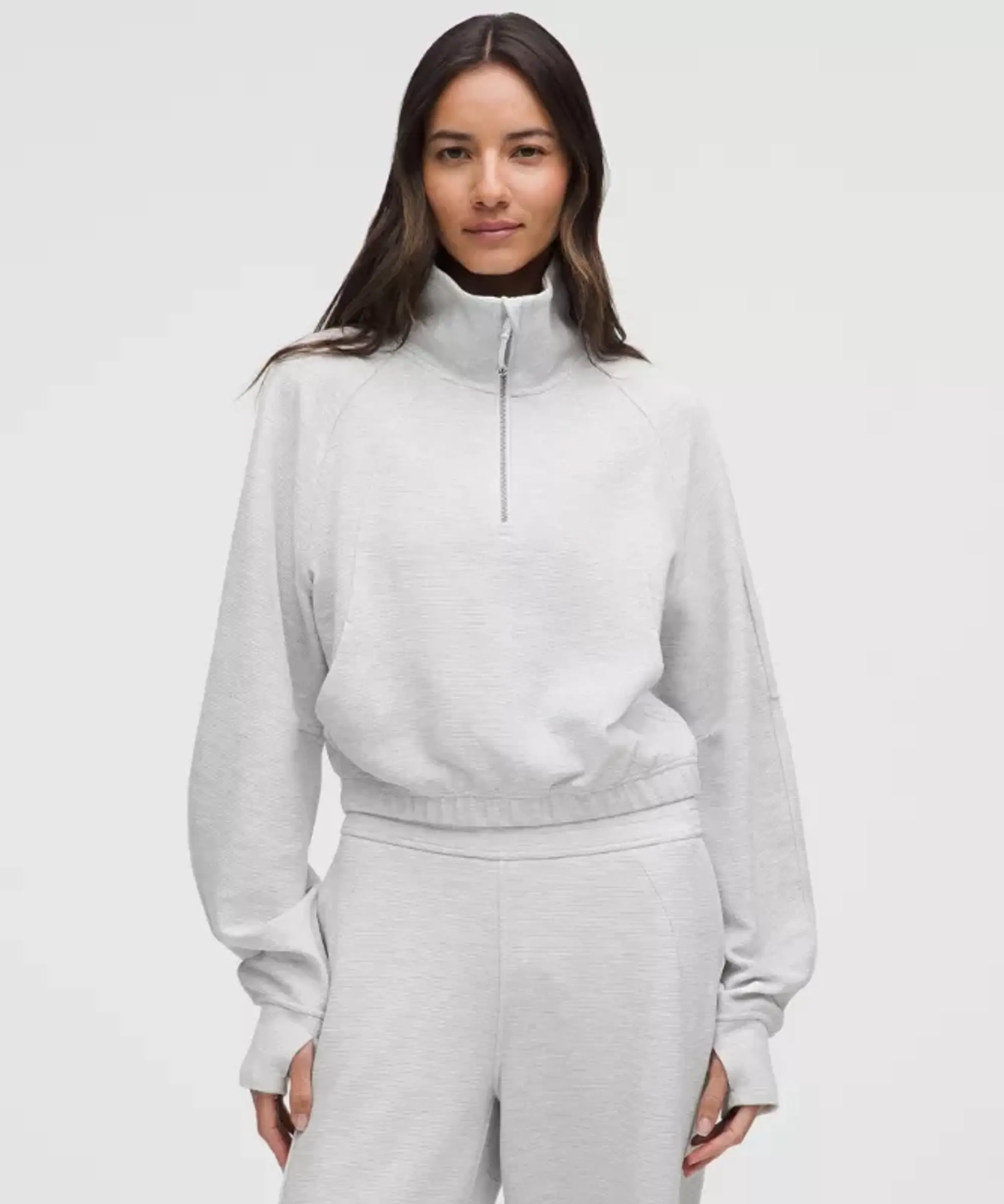 lululemon – Women's Scuba Cropped Funnel-Neck Half Zip Sweatshirt Waffle – Color Light Grey/Grey – Size XL