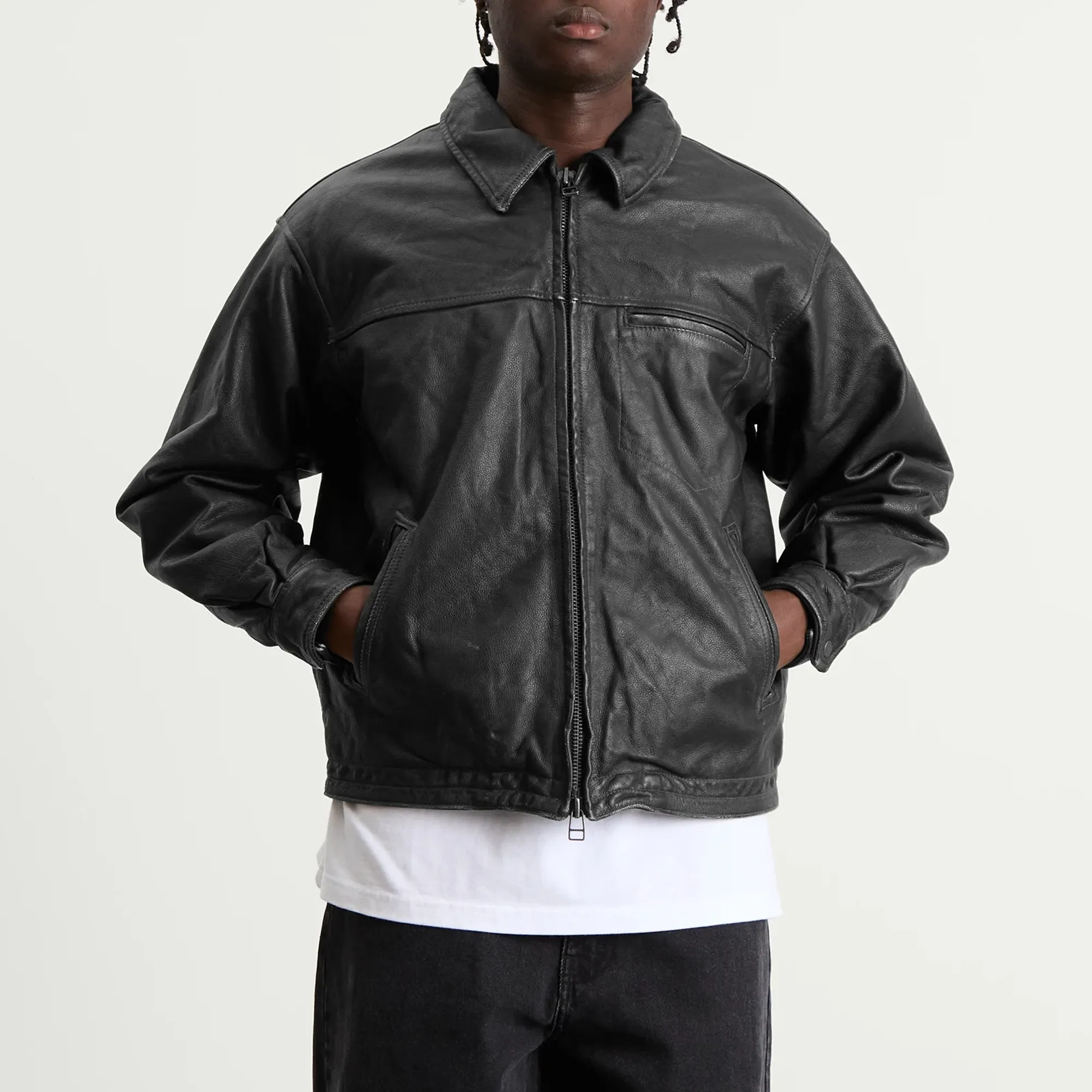 FrizmWORKS Men's Destroyed Cowhide Leather Jacket Washed Black