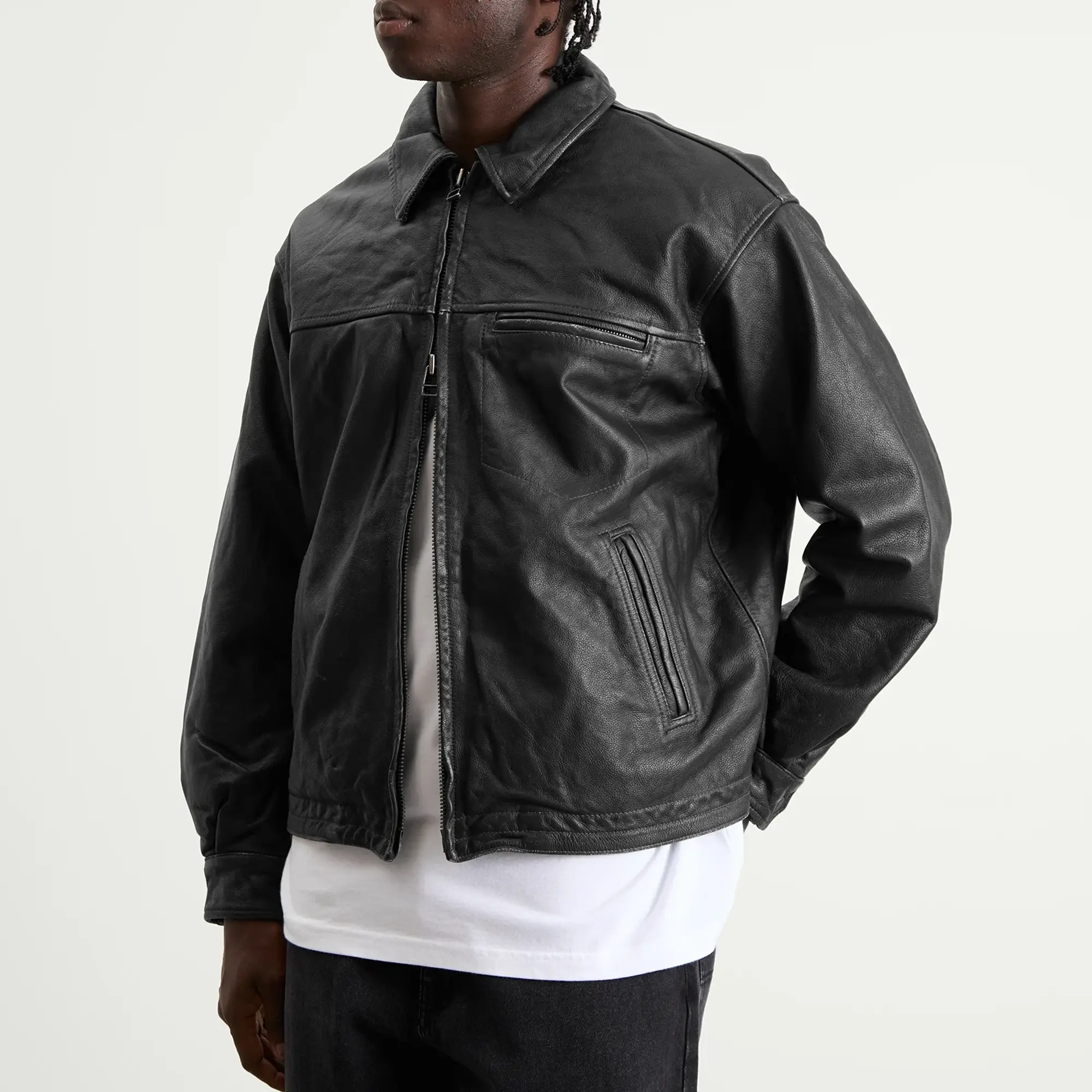 FrizmWORKS Men's Destroyed Cowhide Leather Jacket Washed Black