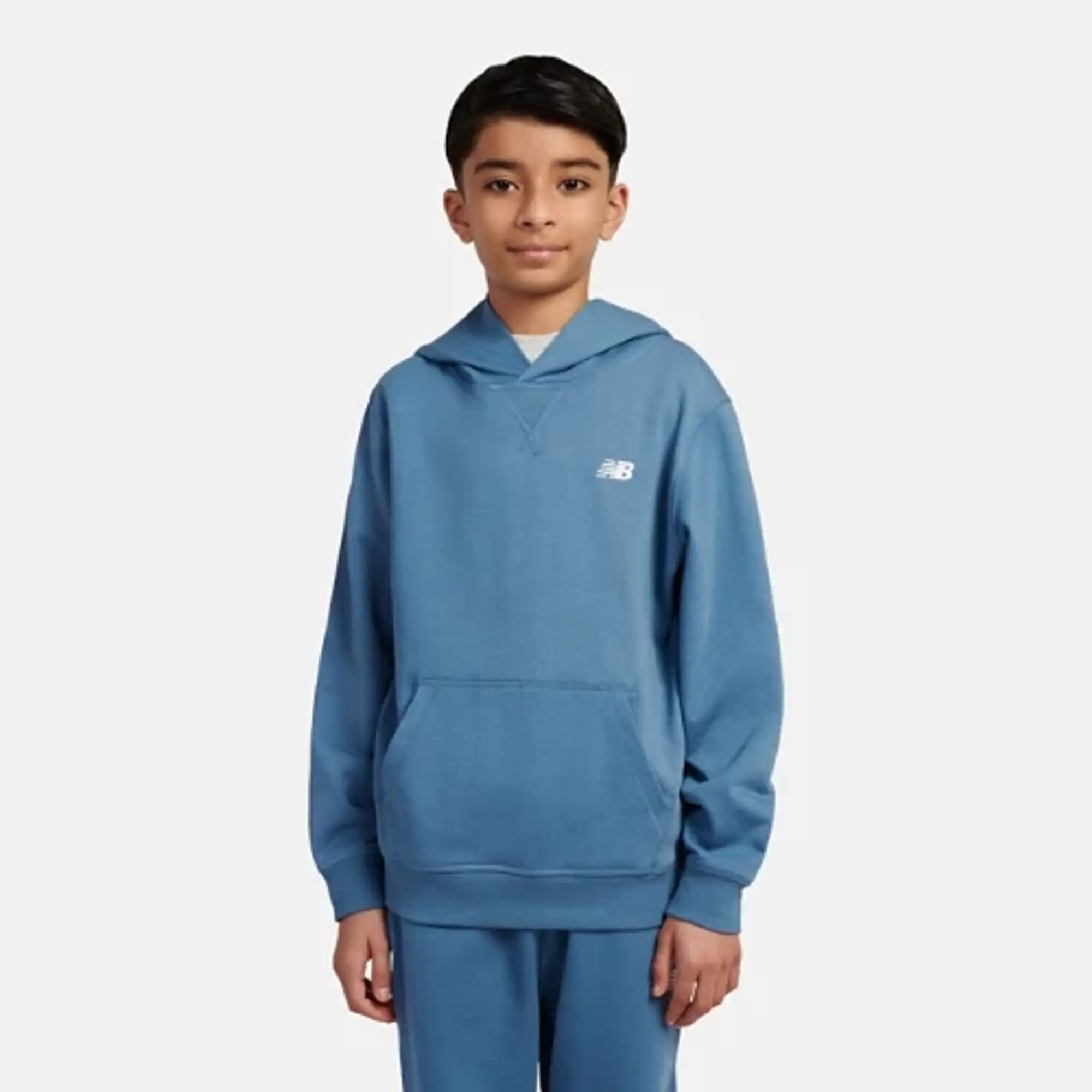 New Balance Boys French Terry Small Logo Hoodie in Blue Cotton