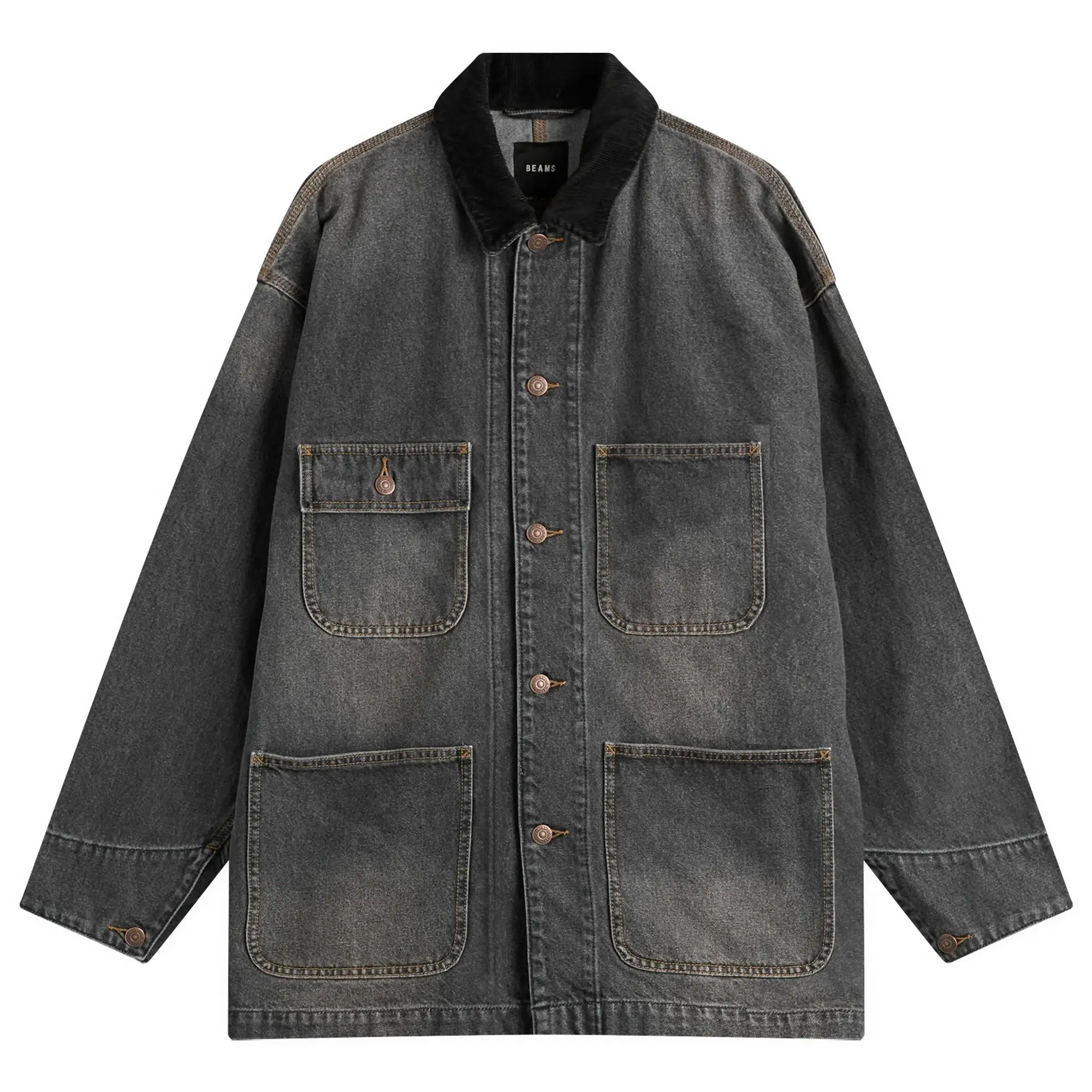 BEAMS Men's Denim Loose Coverall Jacket Black