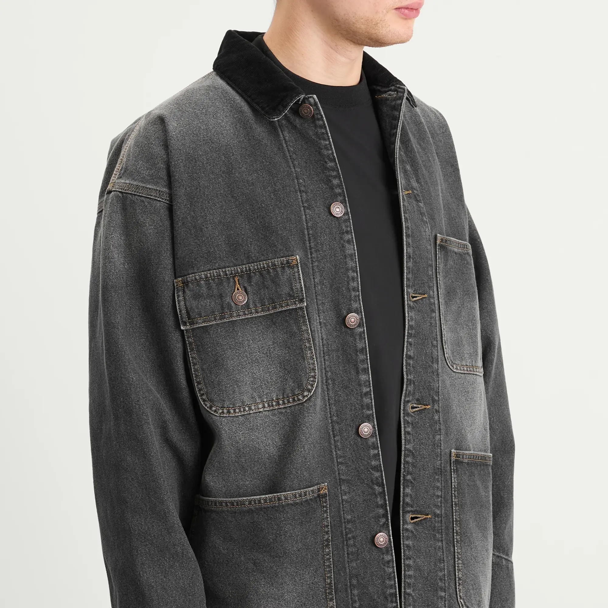 BEAMS Men's Denim Loose Coverall Jacket Black