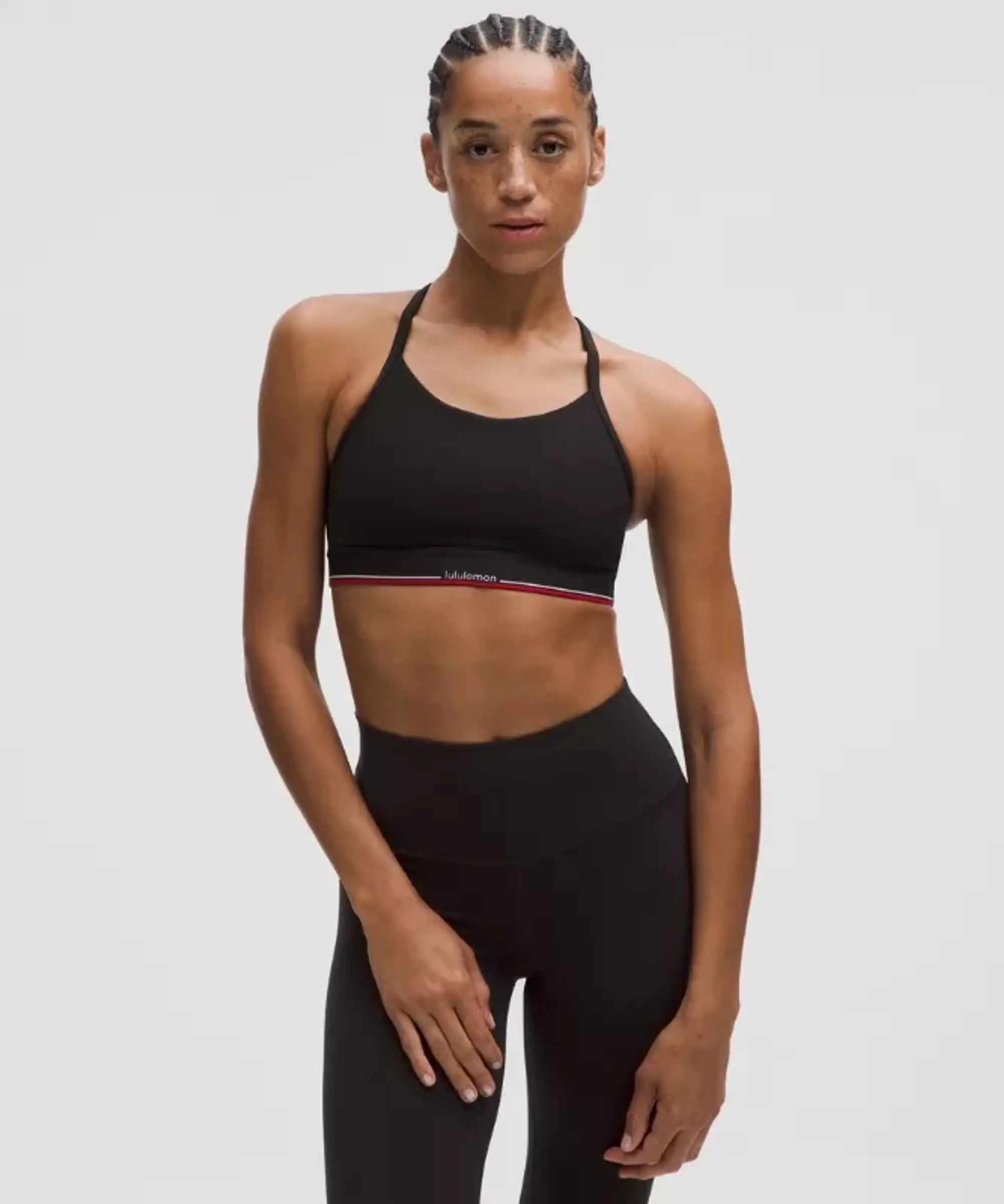 lululemon – Women's Flow Y Mid-Support Sports Bra Logo B/C Cup – Color Black – Size 10