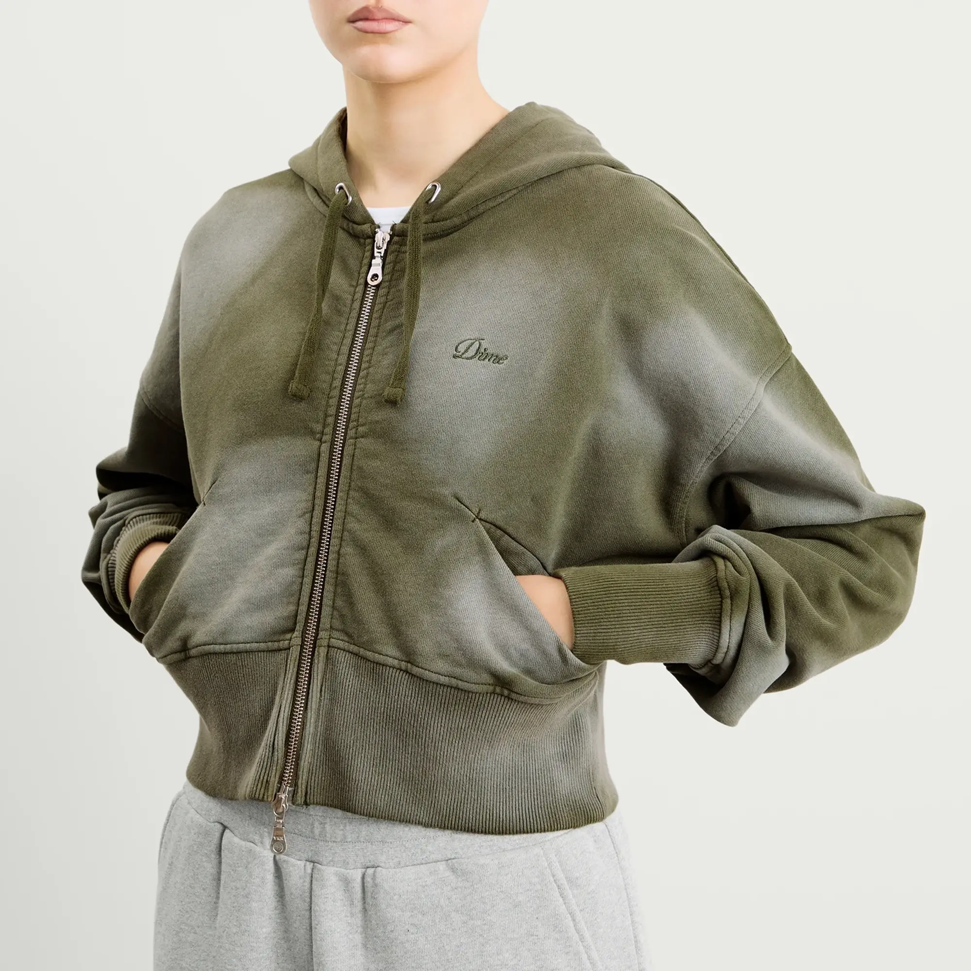 Dime Women's Cropped Zip Hoodie Green Washed