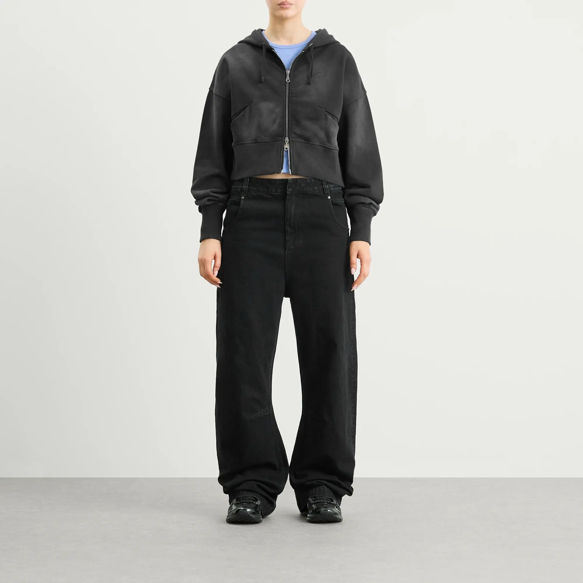 Dime Women's Cropped Zip Hoodie Black Washed