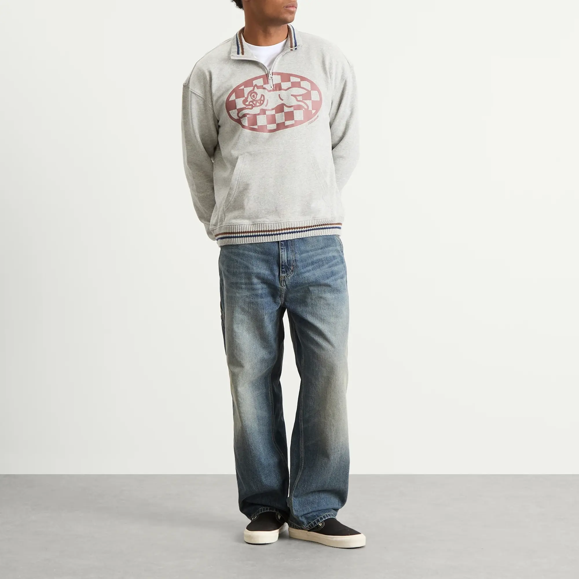 ICECREAM Men's Checker Running Dog Quarter Zip Sweatshirt Heather Grey