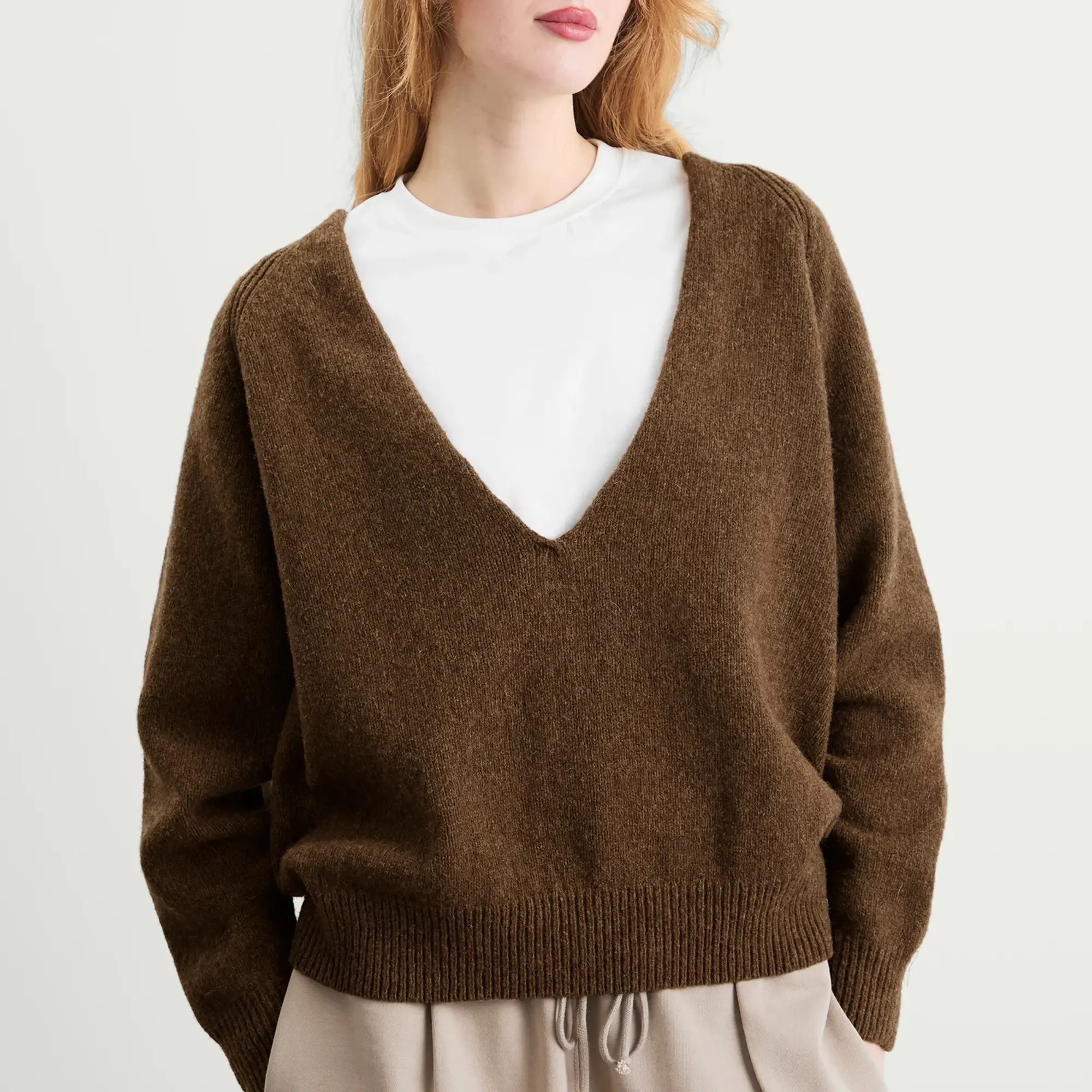 Baserange Women's Soar V Neck Merino Wool Jumper Burel Brown