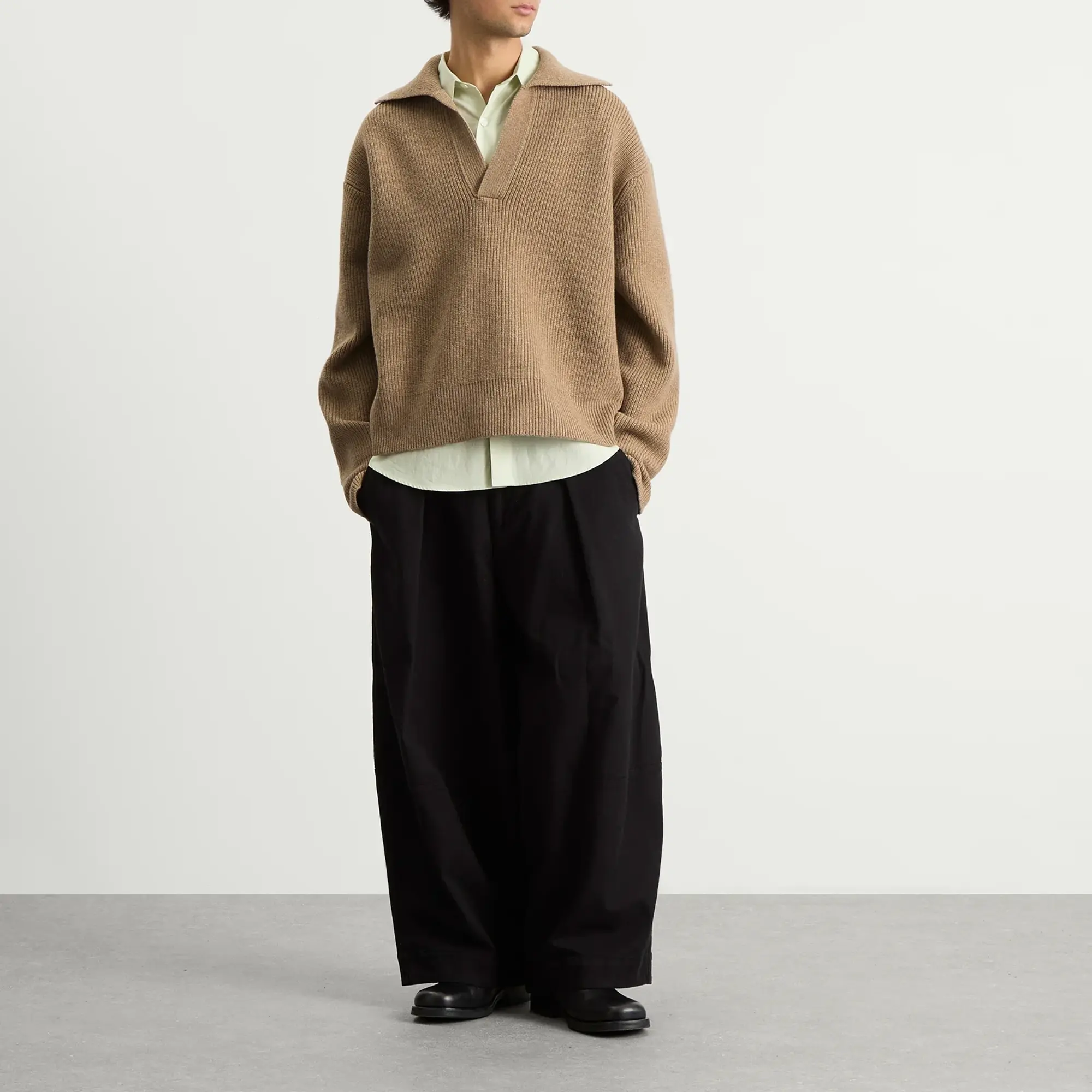 Studio Nicholson Men's Rib Polo Collar Jumper Oatmeal