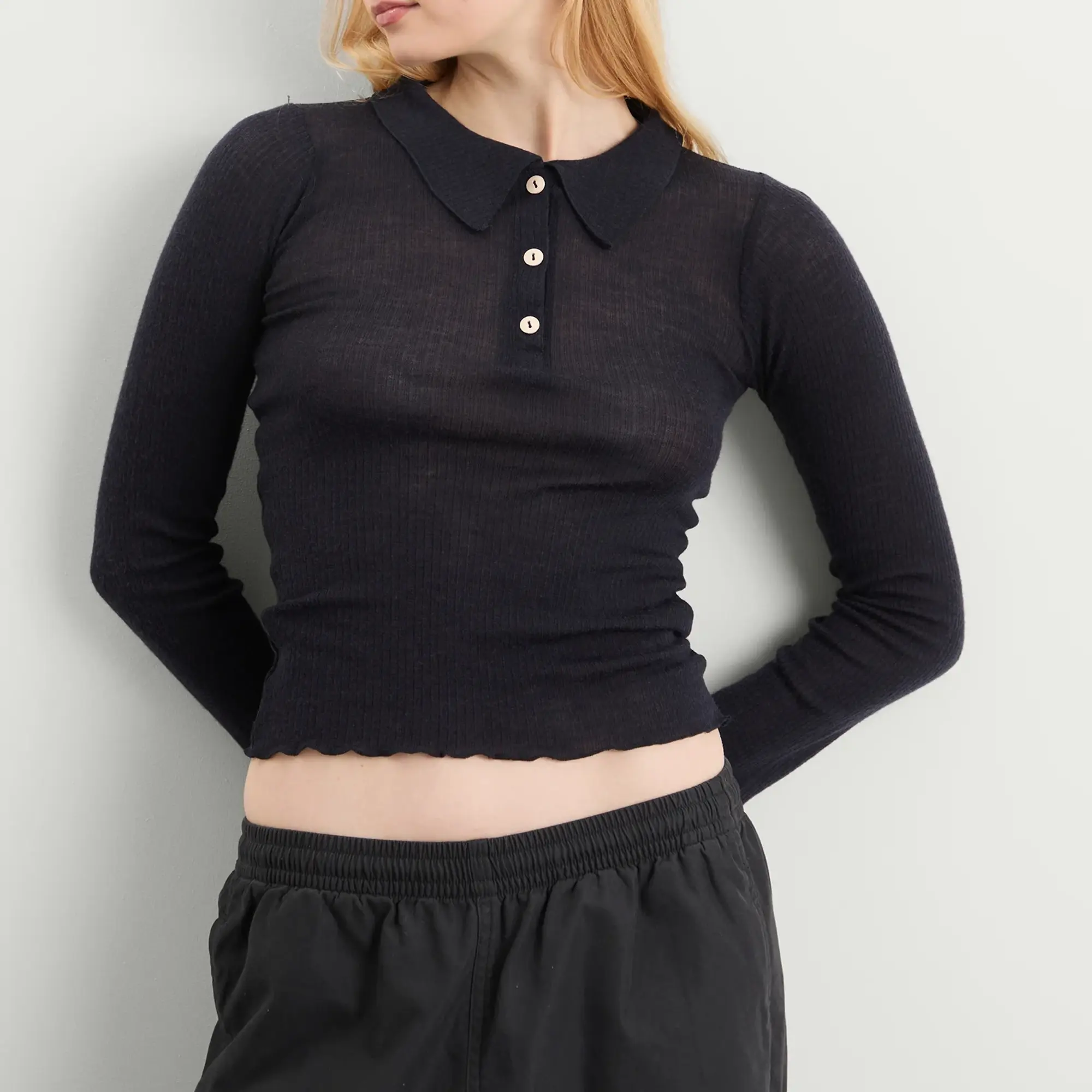 Baserange Women's Dual Long Sleeve Wool Polo Top Murano Navy