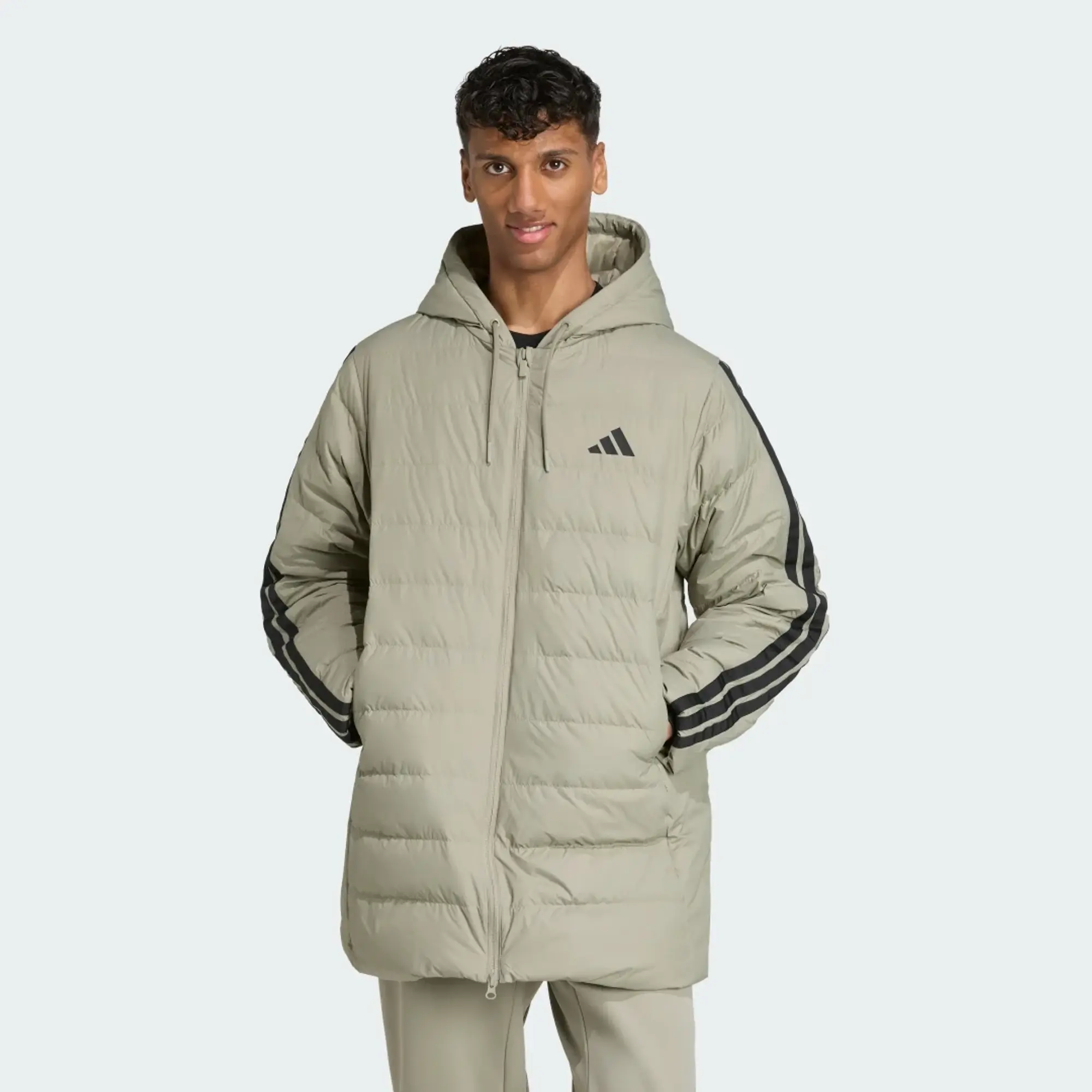 Adidas Performance Essentials Climawarm 3-Stripes Light Down Hooded Parka In Silver Pebble