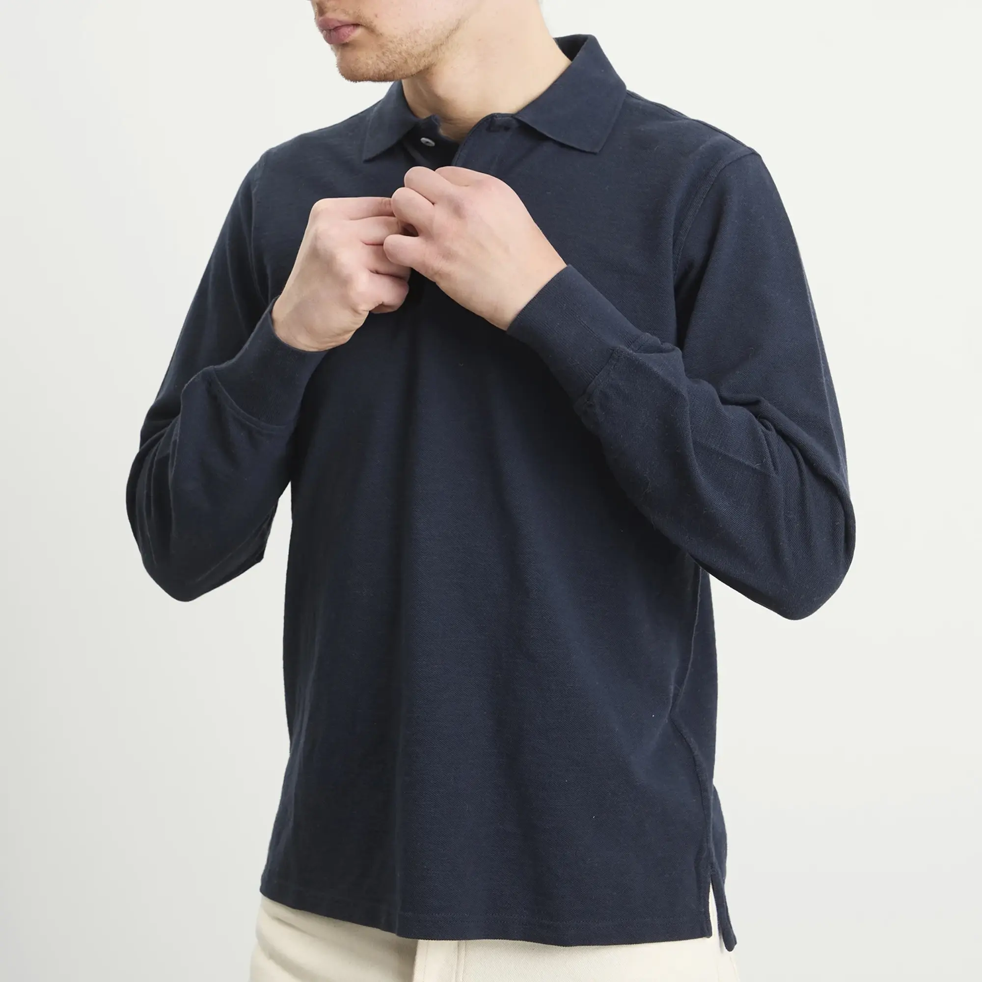Drake's Men's Long Sleeve Pique Jersey Polo Navy