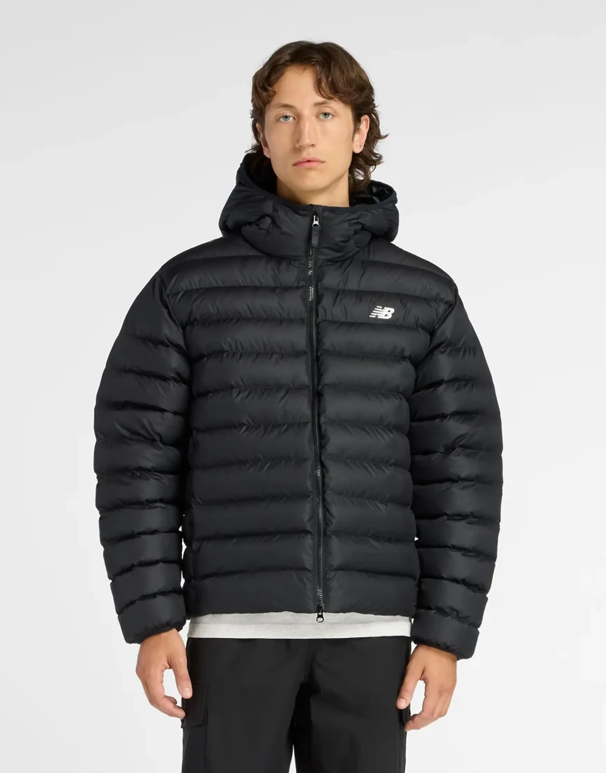 New Balance Men's Sport Essentials Hooded Puffer Jacket in Black Polywoven