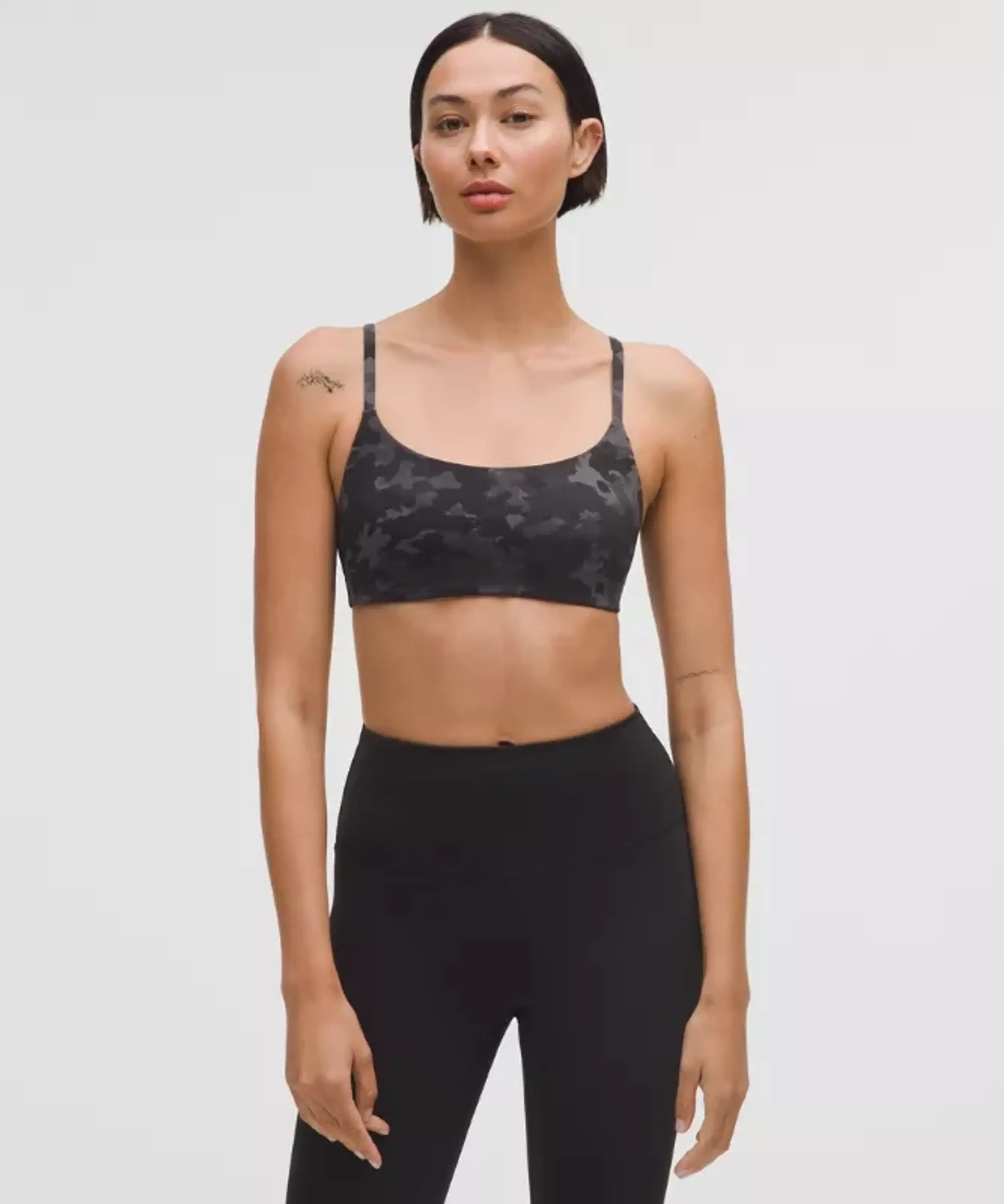 lululemon – Women's Wunder Train Strappy Racer Sports Bra Light Support, A/B Cup – Color Camo/Black – Size 10
