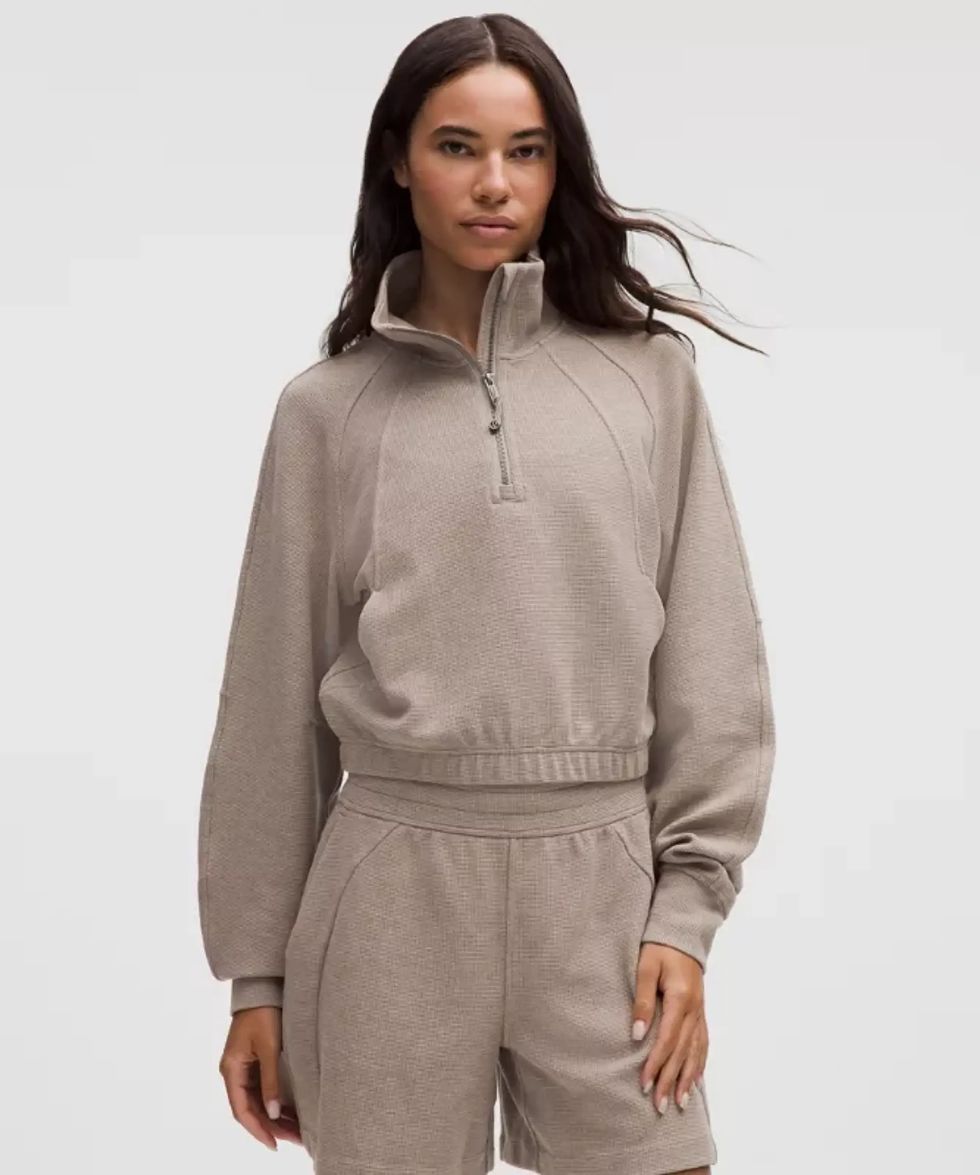 lululemon – Women's Scuba Cropped Funnel-Neck Half Zip Sweatshirt Waffle – Color Grey – Size Large