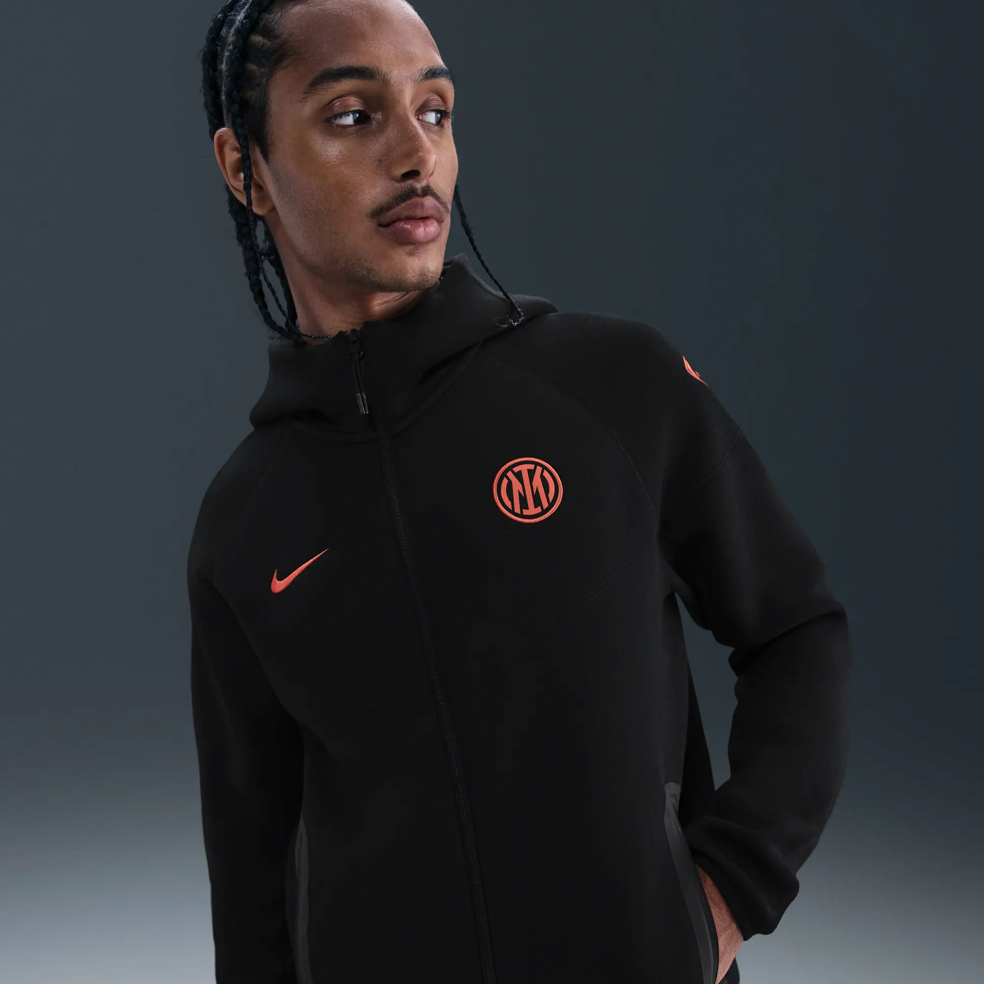 Inter Milan Tech Windrunner Men's Nike Total 90 Football Fleece Hoodie - Black - Cotton/Polyester