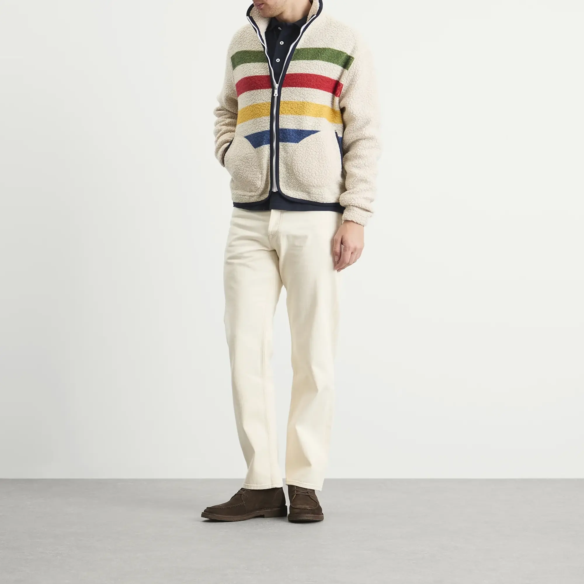 Drake's Men's Striped Boucle Wool Fleece Jacket Ecru