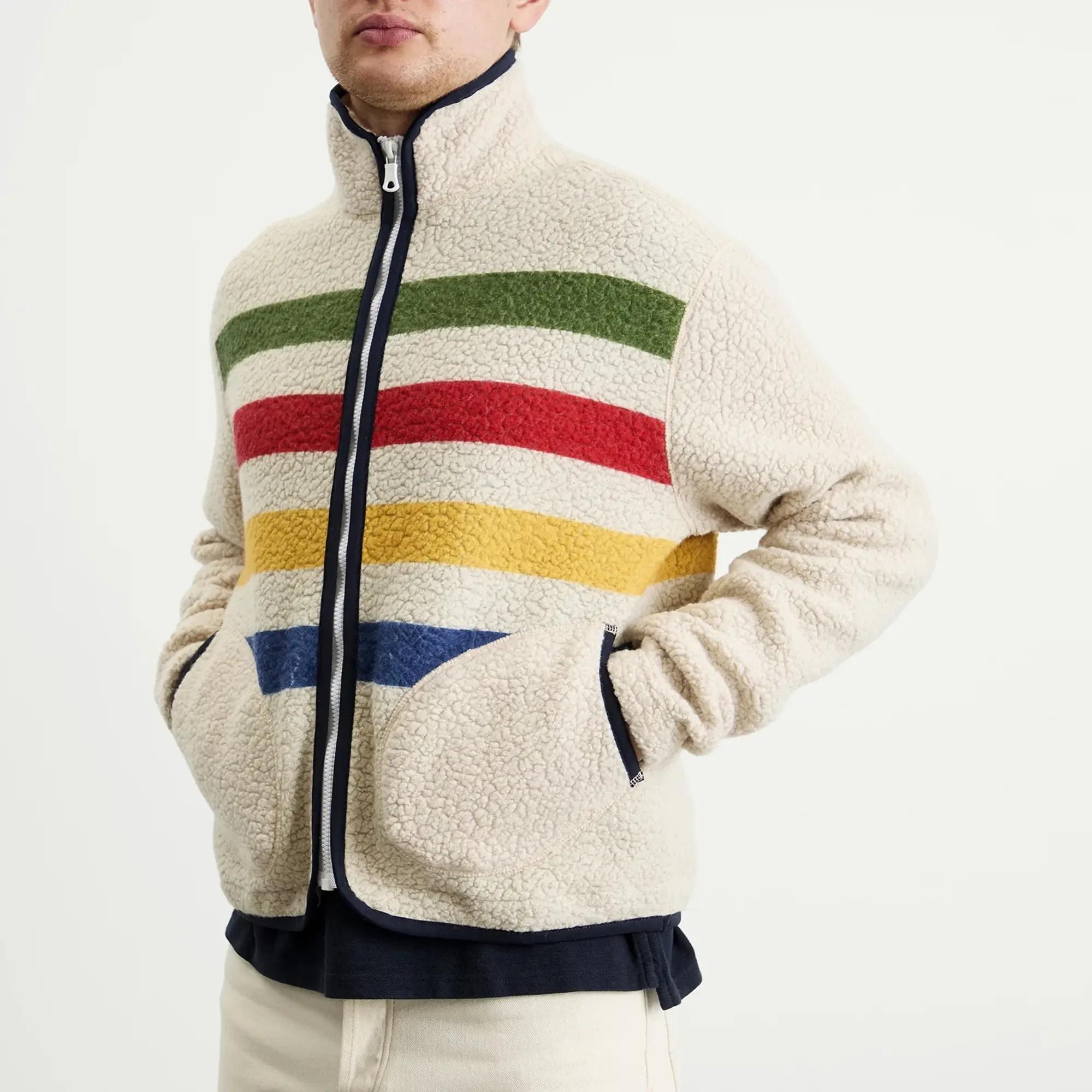 Drake's Men's Striped Boucle Wool Fleece Jacket Ecru