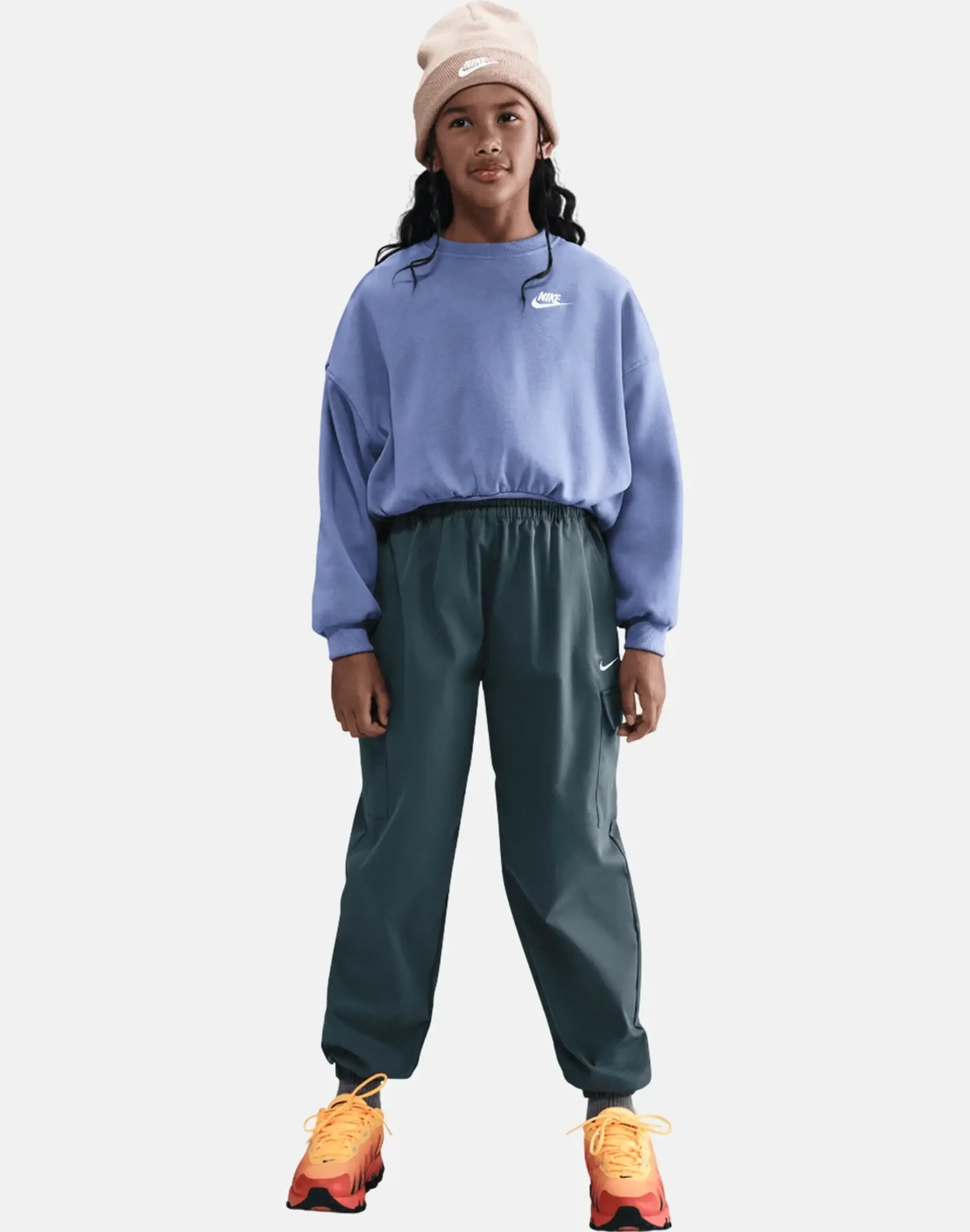 Nike Older Kids Club Boxy Crew Neck Sweatshirt in Blue/White 