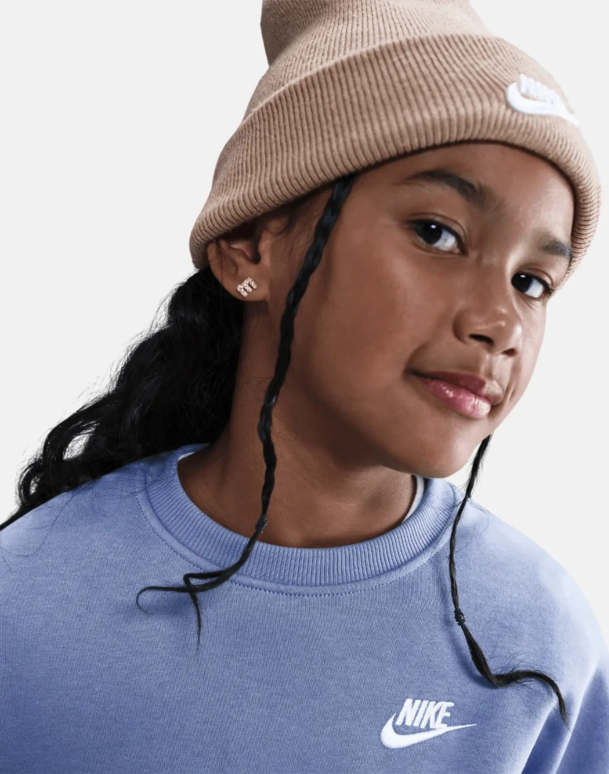 Nike Older Kids Club Boxy Crew Neck Sweatshirt in Blue/White 