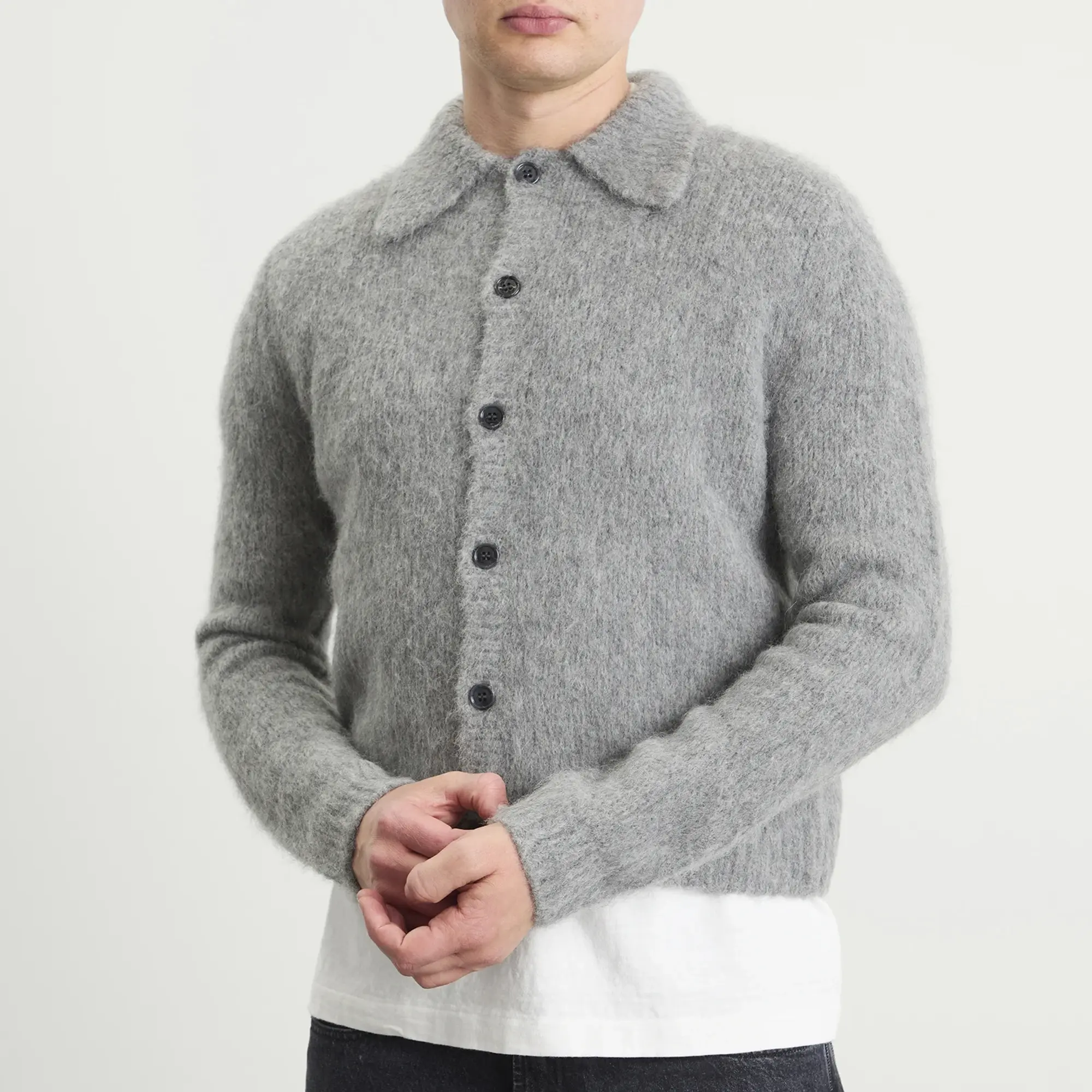 Dries Van Noten Men's Alpaca Wool Knitted Polo Mid Grey