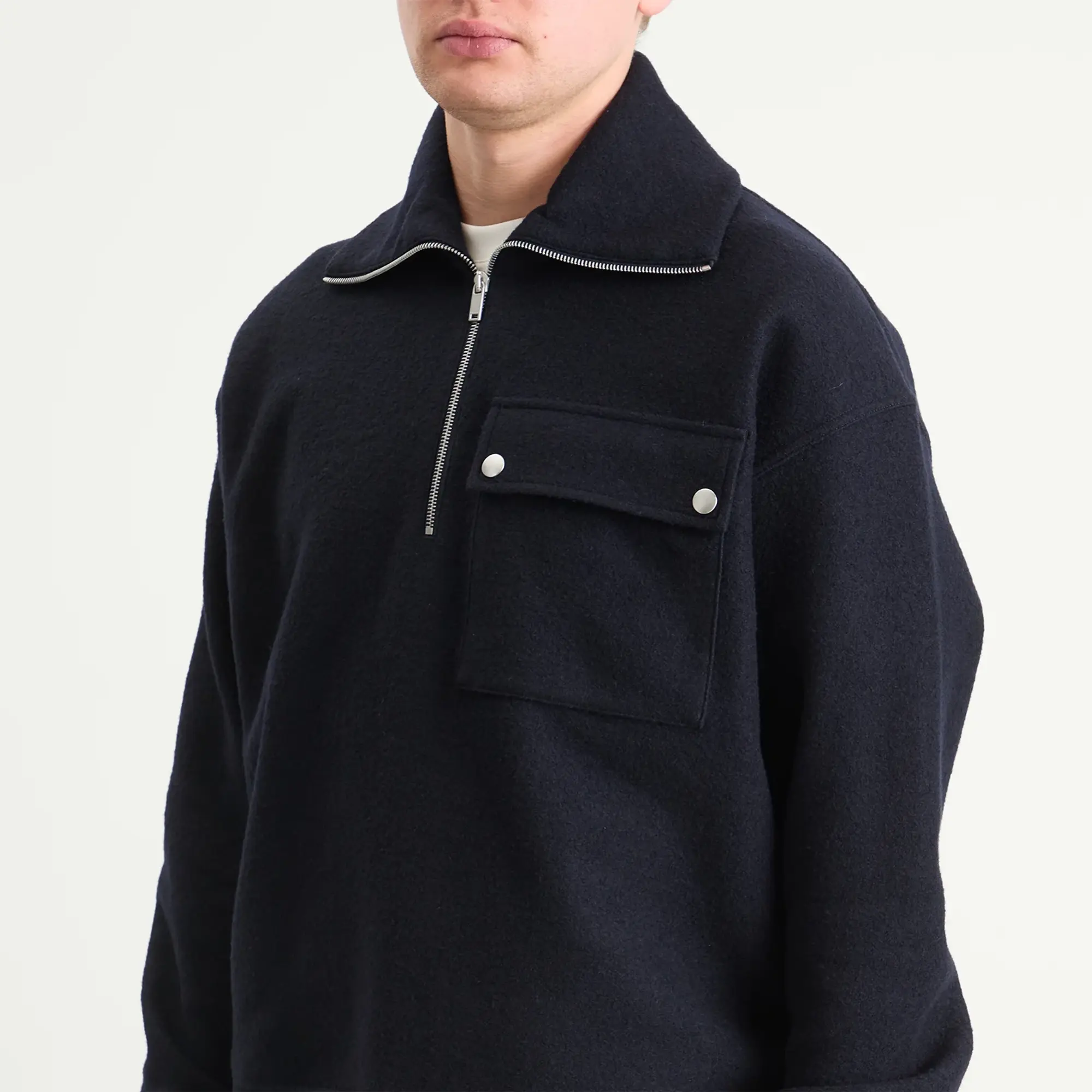 Jil Sander Men's Felted Wool Quarter Zip Midnight
