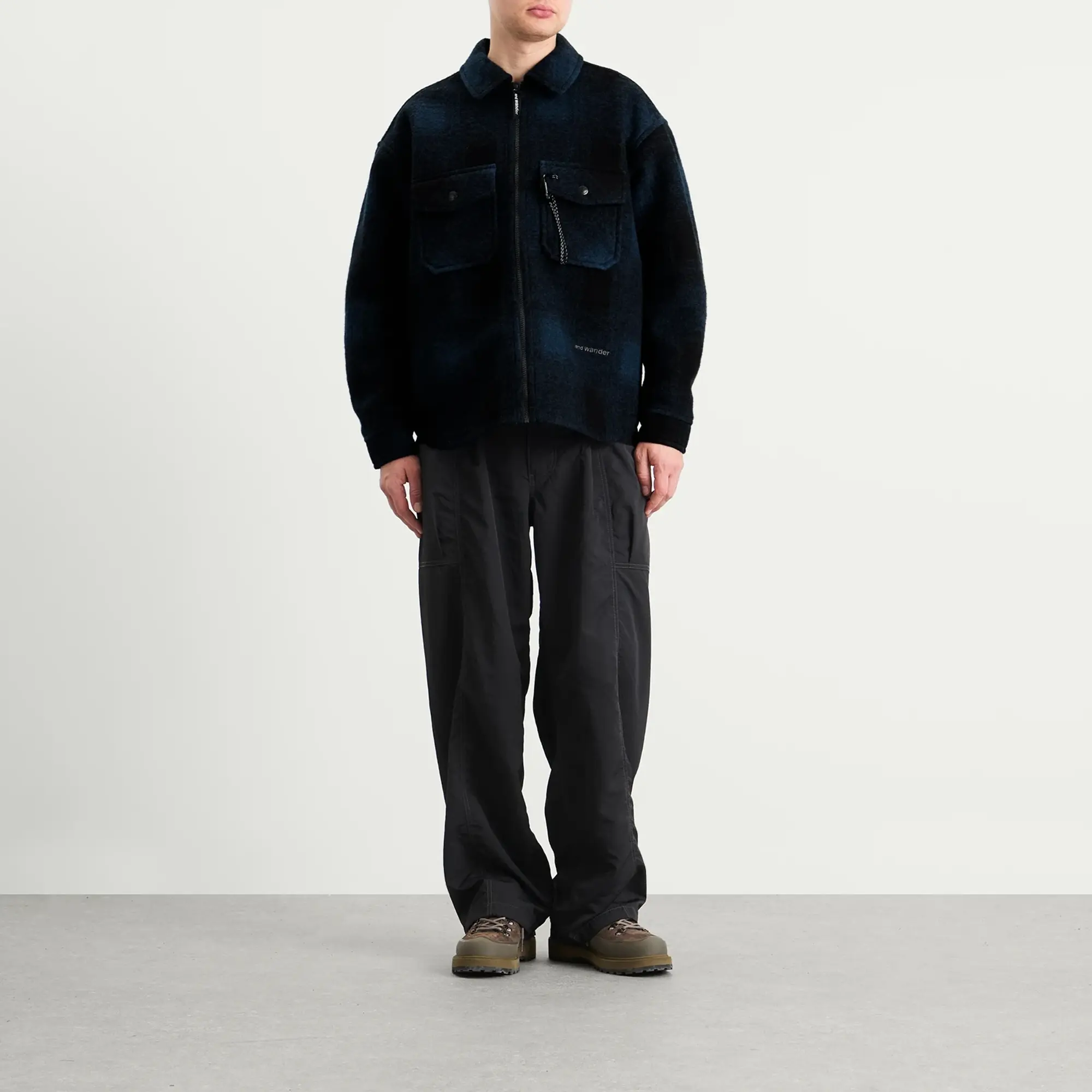 and wander Men's Shaggy Wool Zip Jacket Navy