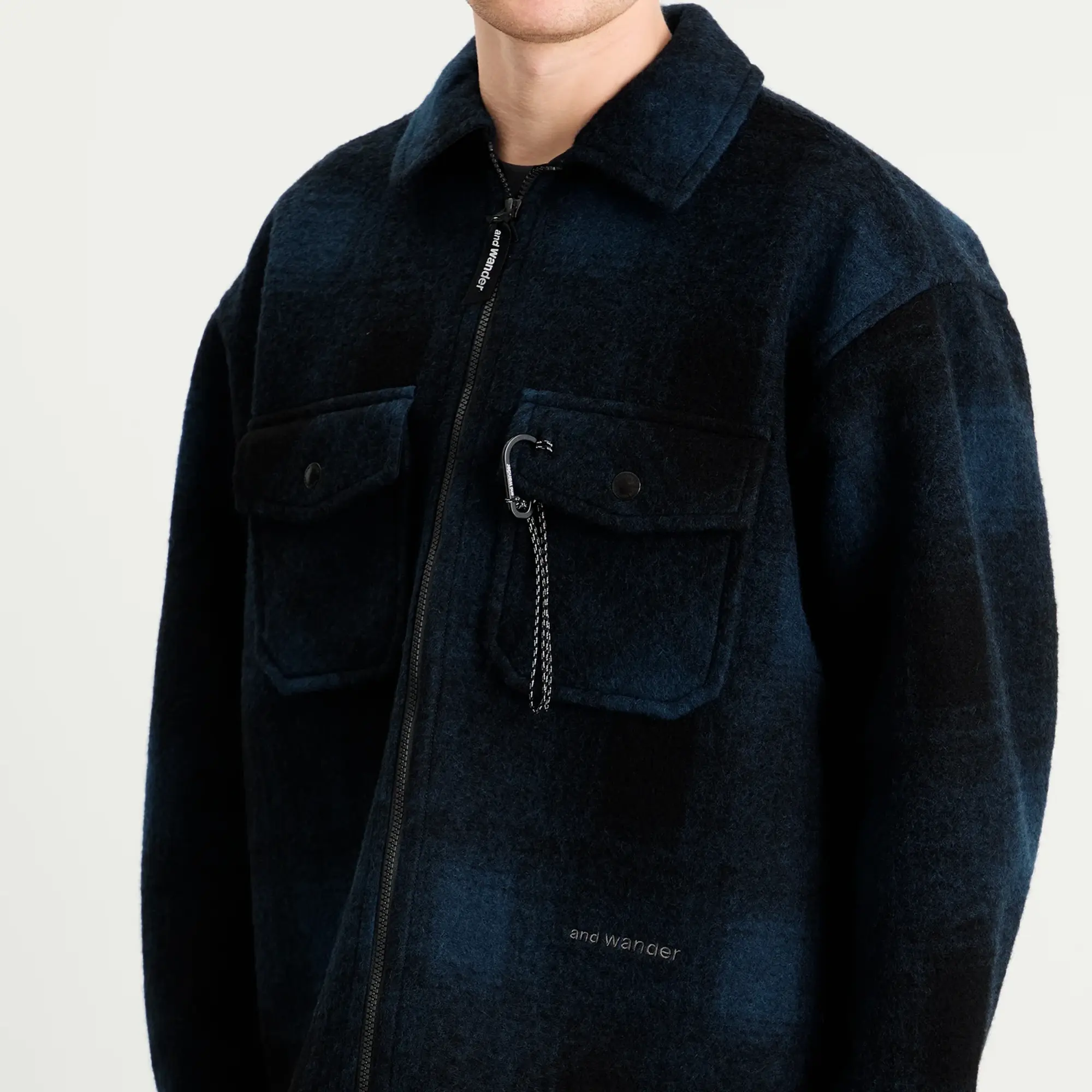 and wander Men's Shaggy Wool Zip Jacket Navy