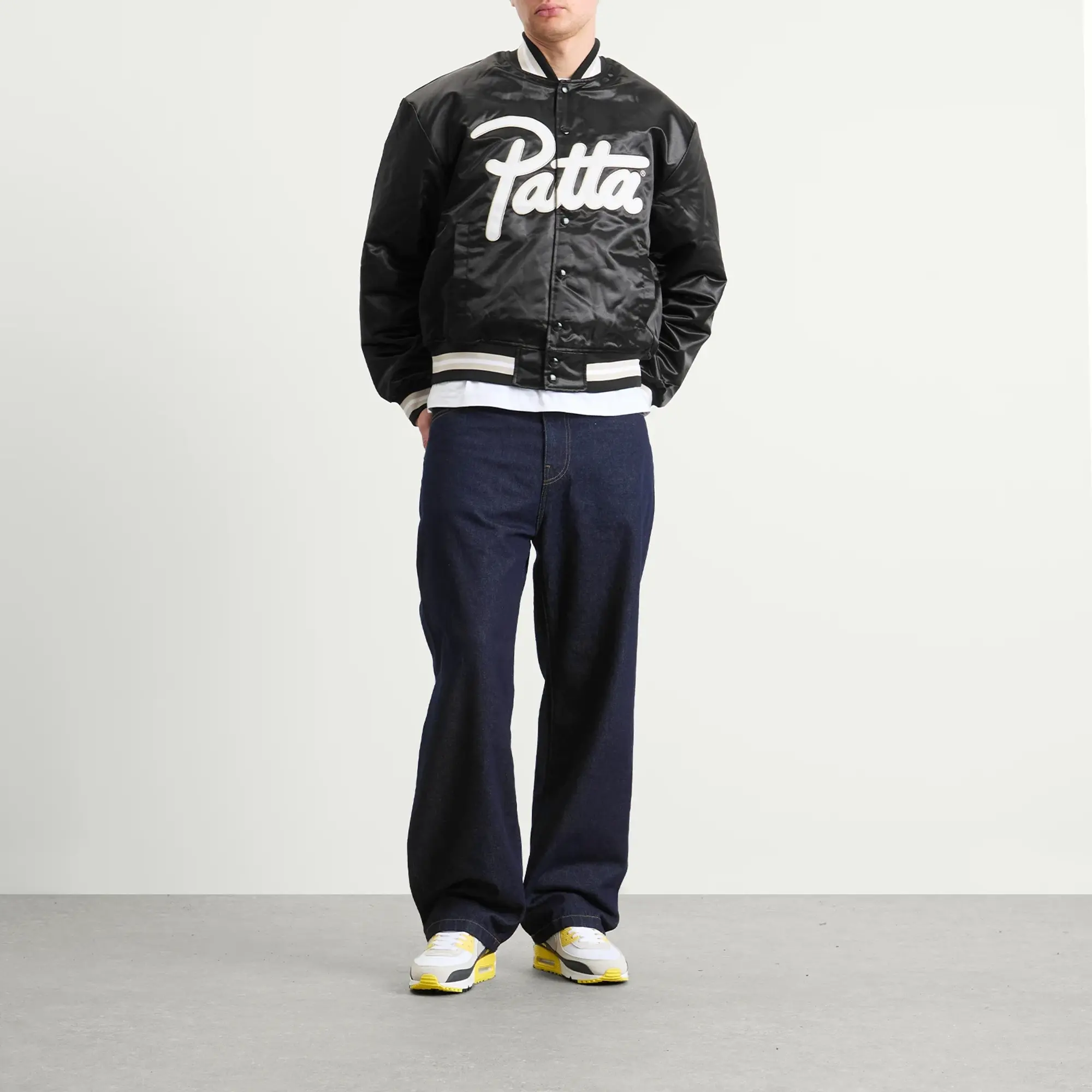 Patta Men's Script Logo Satin Varsity Jacket Black