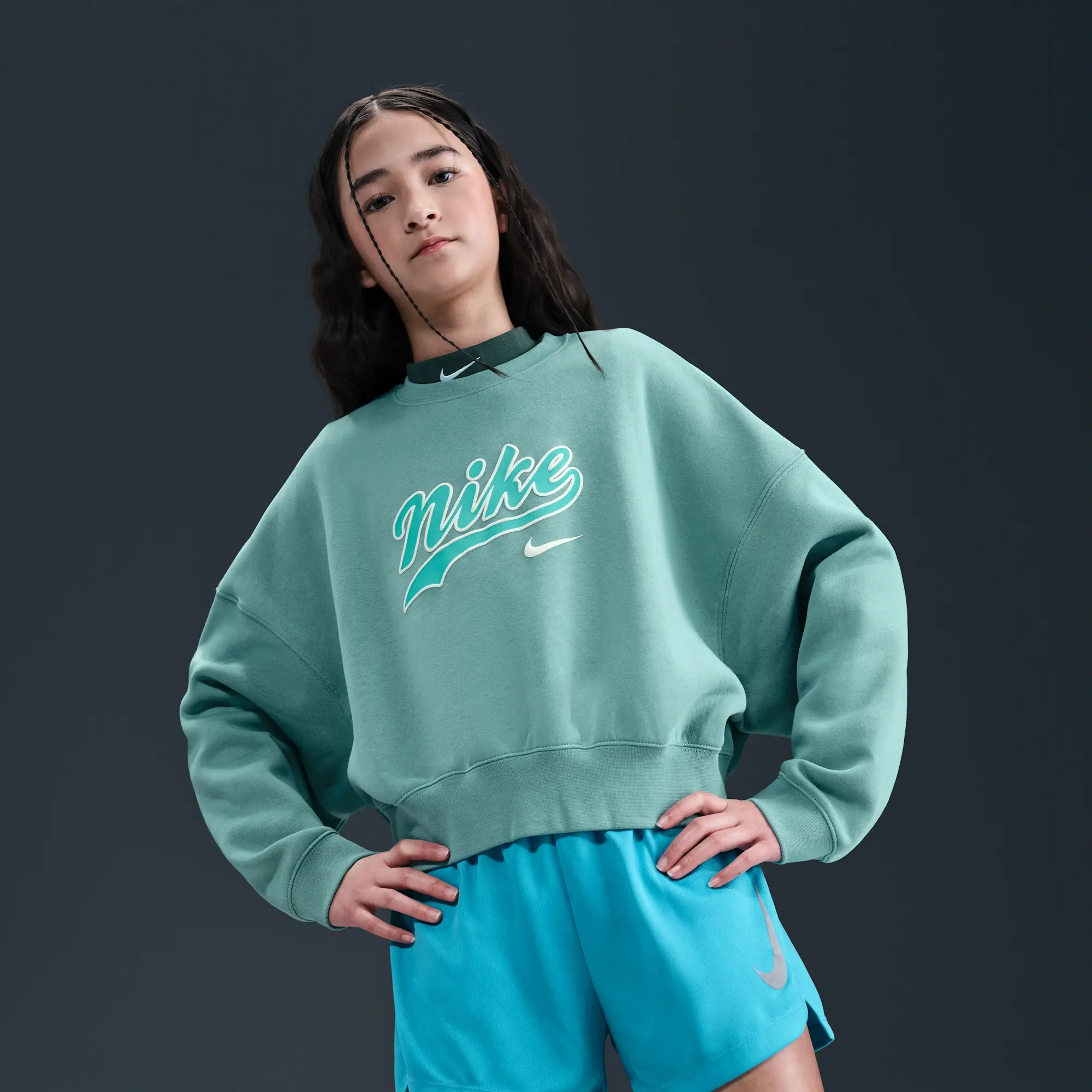 Nike Sportswear Older Kids' (Girls') Cropped Fleece Sweatshirt - Green - Cotton/Polyester