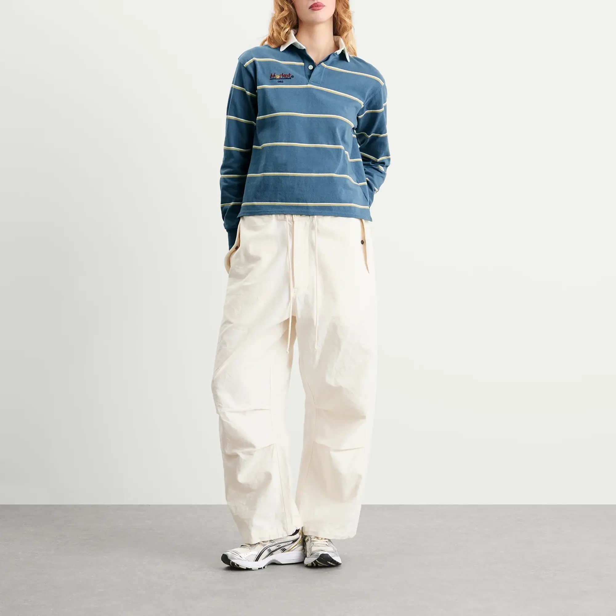 SUNDAYFRUITMARKET Women's Sun Stripe Polo Top Blue