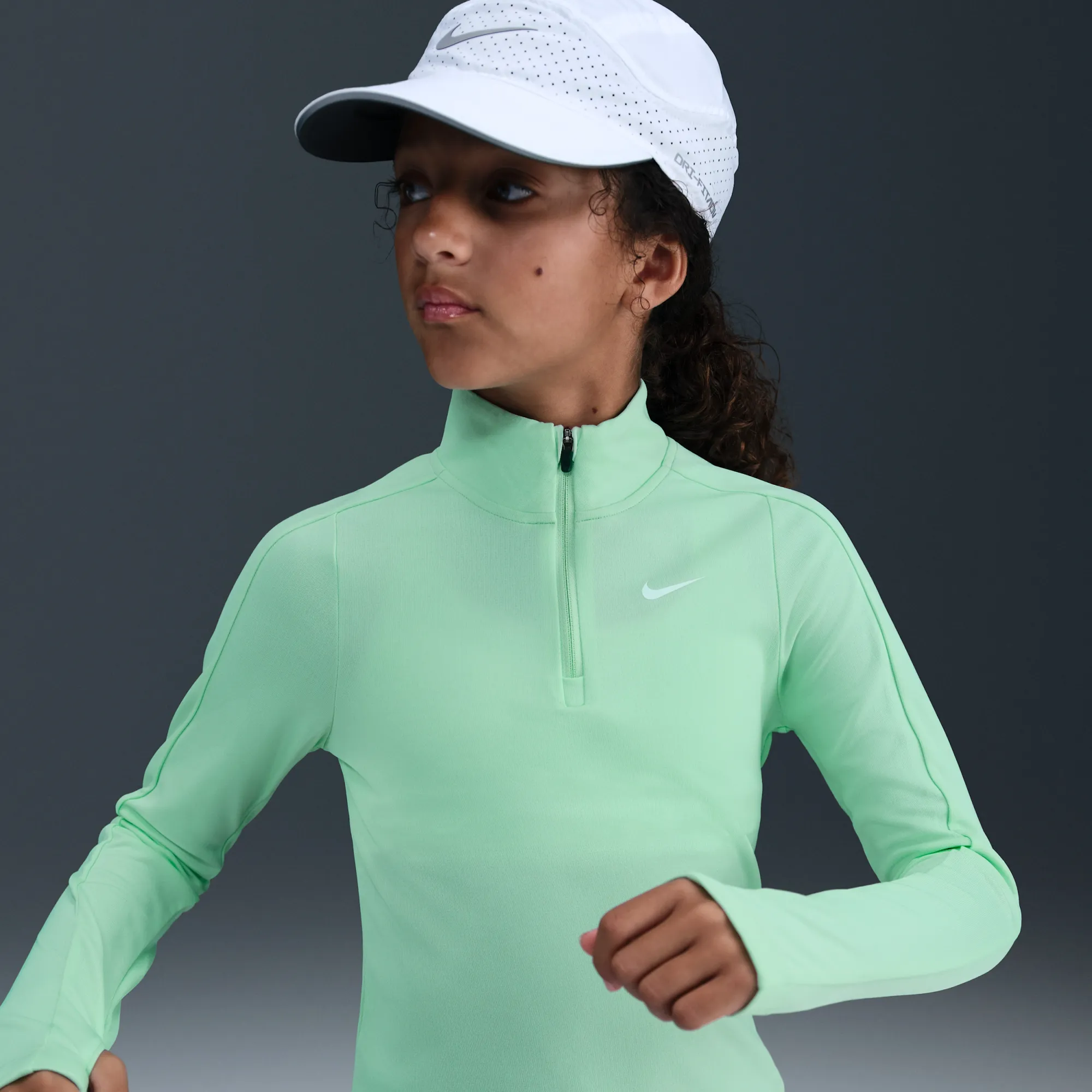 Nike Girls' Dri-FIT Long-Sleeve 1/4-Zip Top - Green - Recycled Polyester