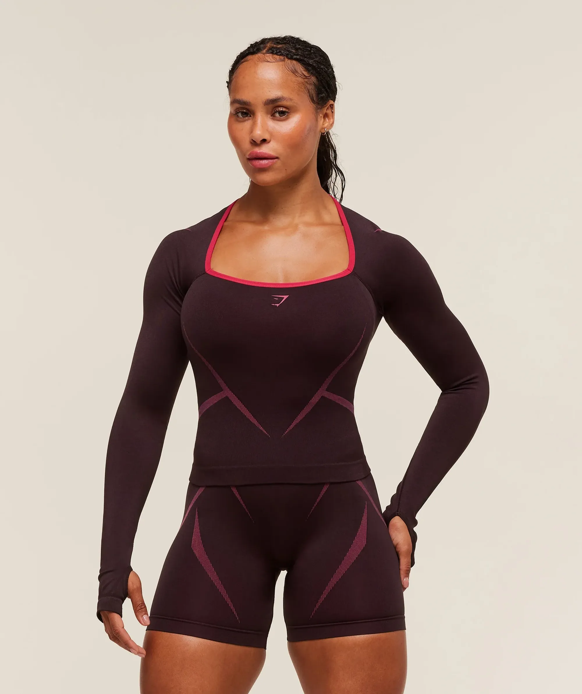  Apex Lift Seamless Long Sleeve Crop Top - Cherry Purple/Build Pink