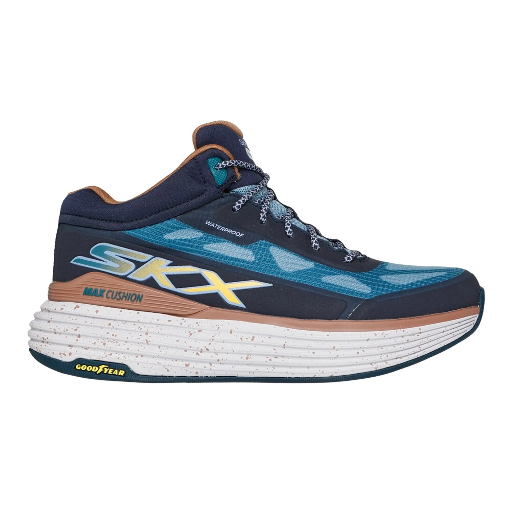 Skechers Women's Waterproof: Max Cushioning Suspension - Terrace Sneaker in Navy Blue/Teal