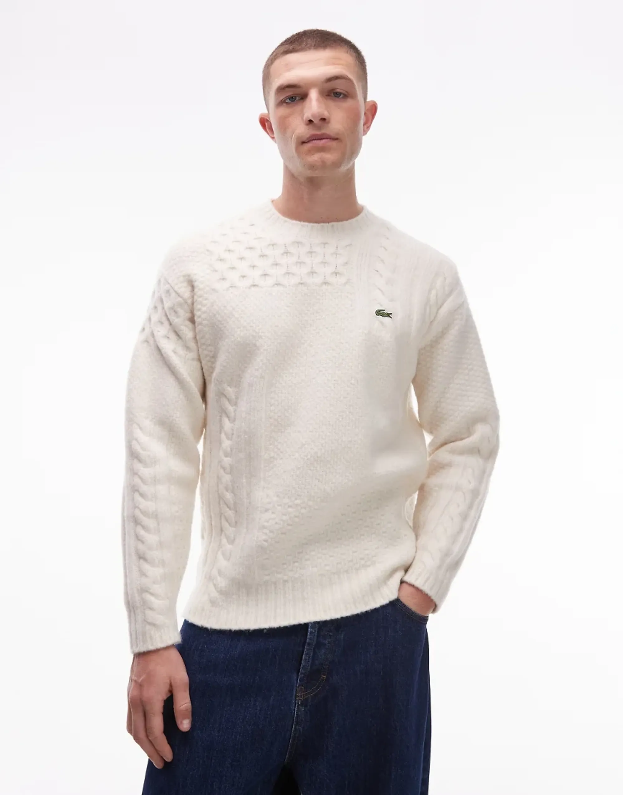 Lacoste Relaxed Fit Patchwork Effect Wool Sweater - Ecru White