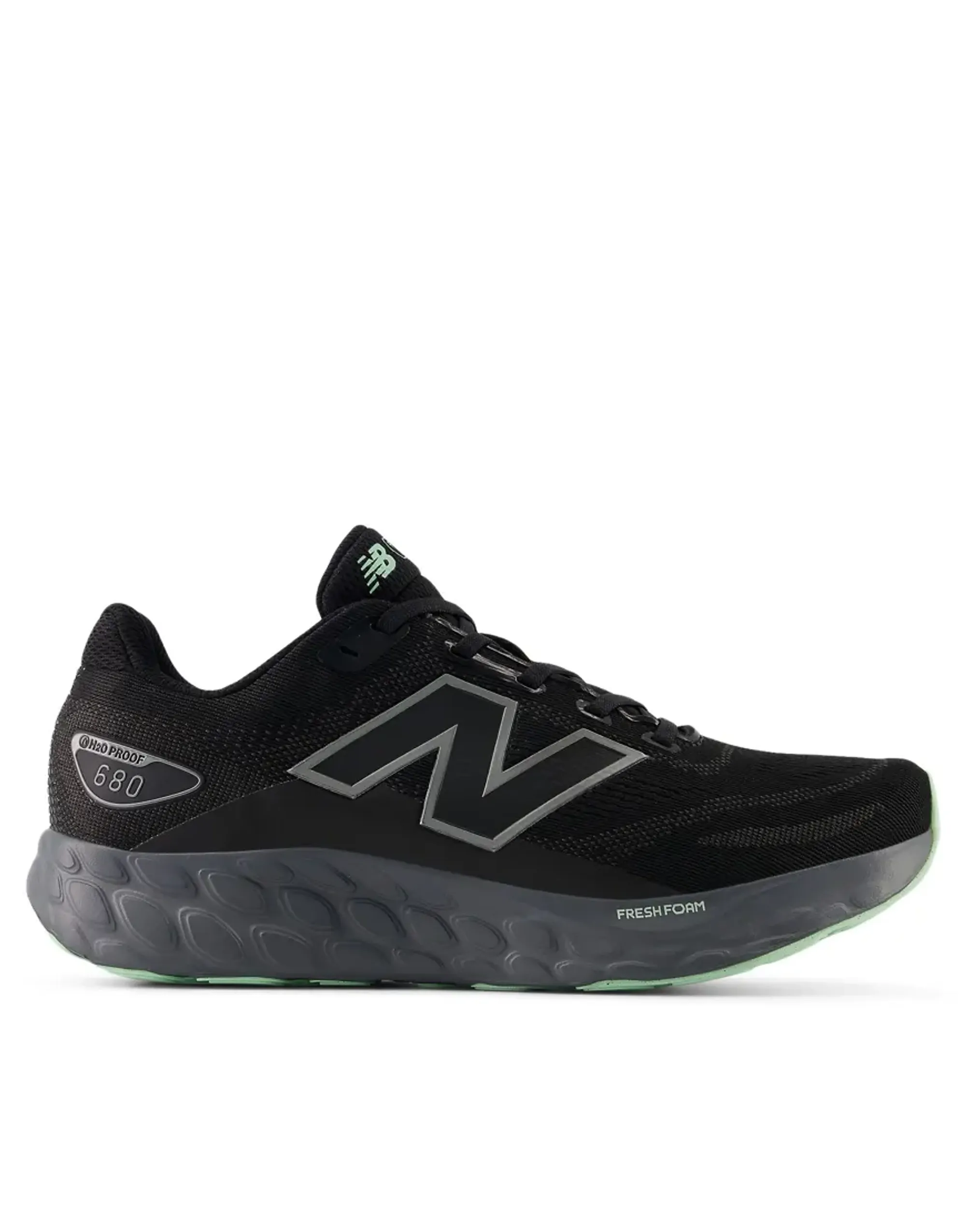 New Balance Women's Fresh Foam 680 v8 Waterproof in Black/Grey/Green Textile
