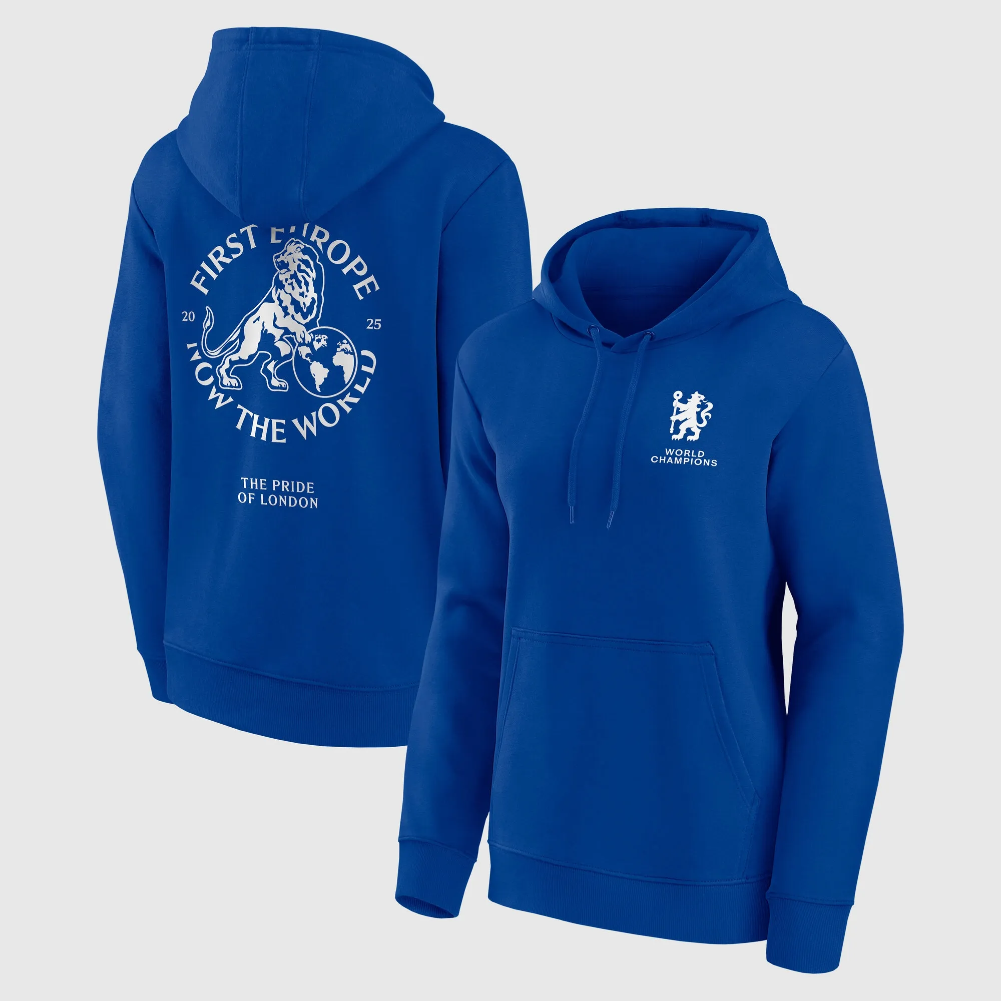 Chelsea First Europe, Now the World Graphic Hoodie - Royal - Womens