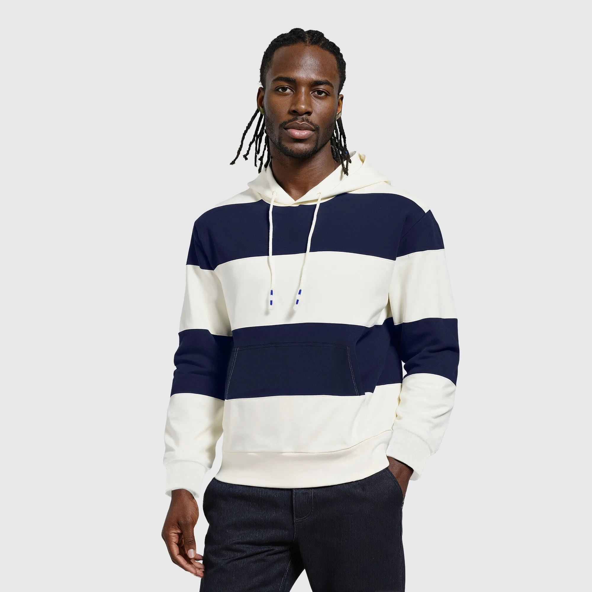 Chelsea Varsity Striped Rugby Polo Hoodie- Navy/Cream