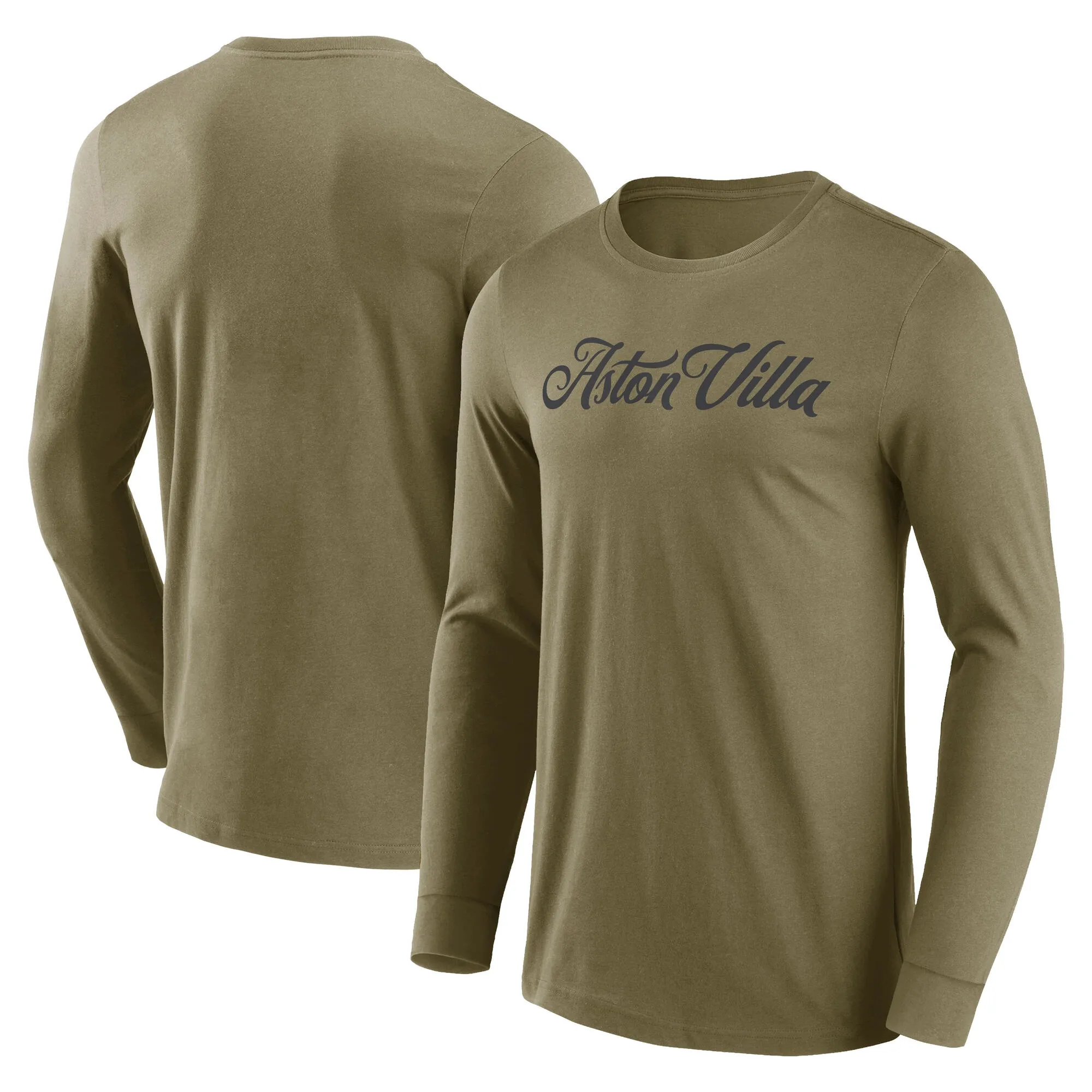 Aston Villa Wordmark Logo Graphic Long Sleeve T-Shirt - Khaki - Mens