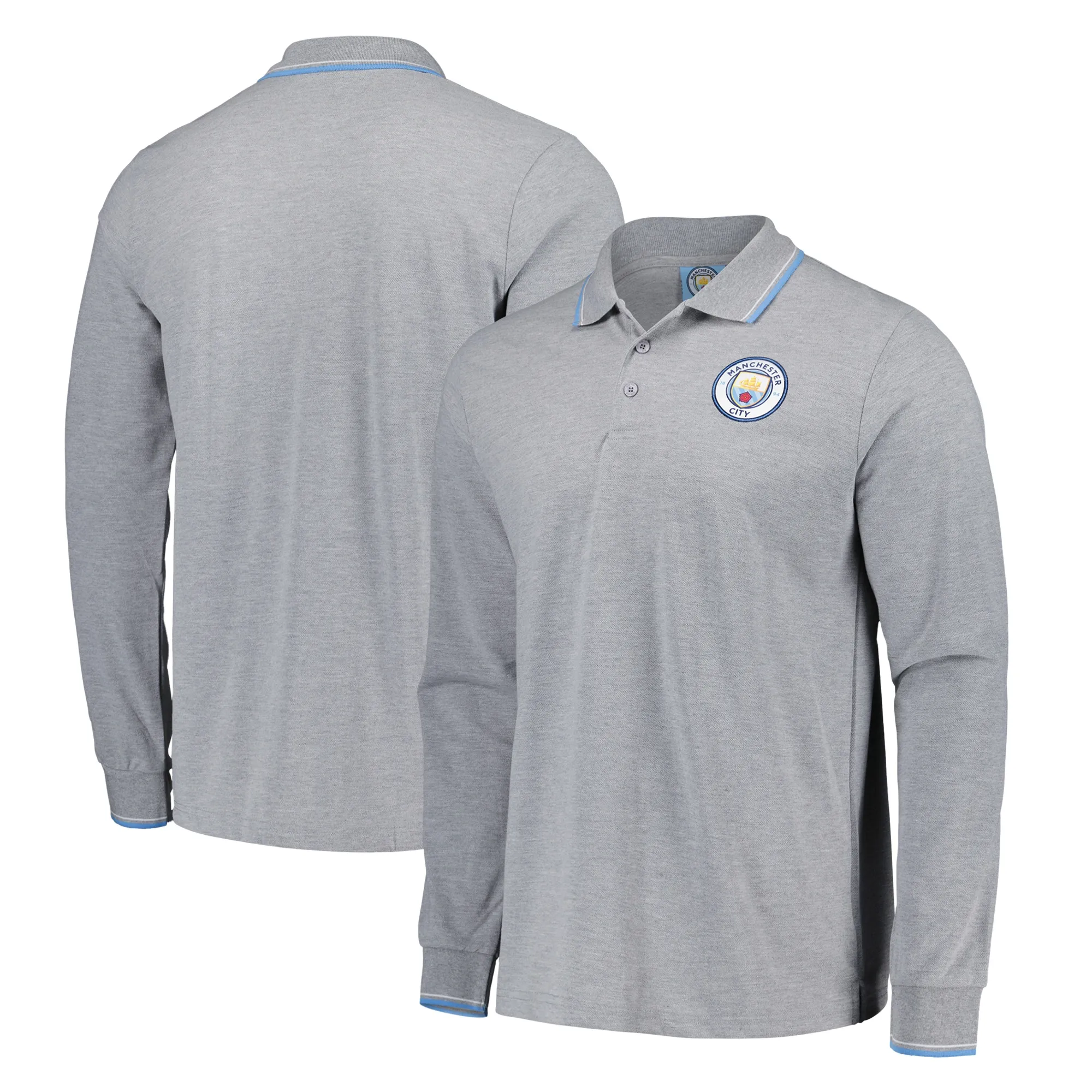 Manchester City Core Tipped Long Sleeve Polo - Grey Marl - Mens